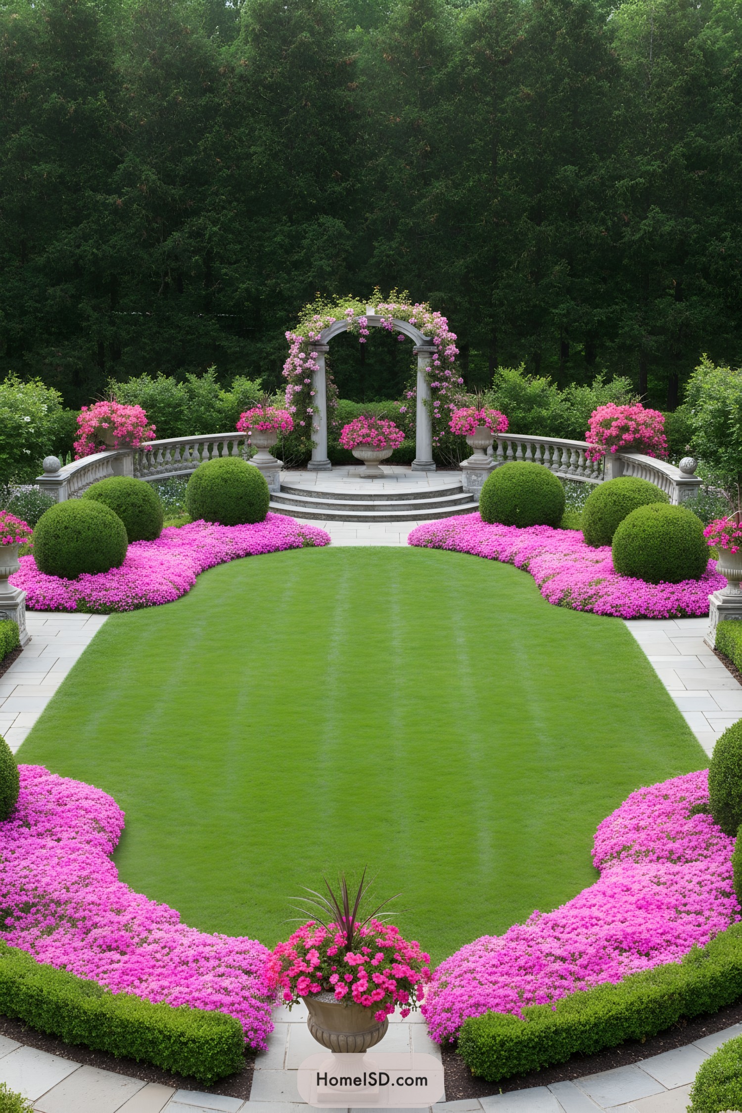Formal garden with pink flower drifts, topiary spheres, and a stone arch