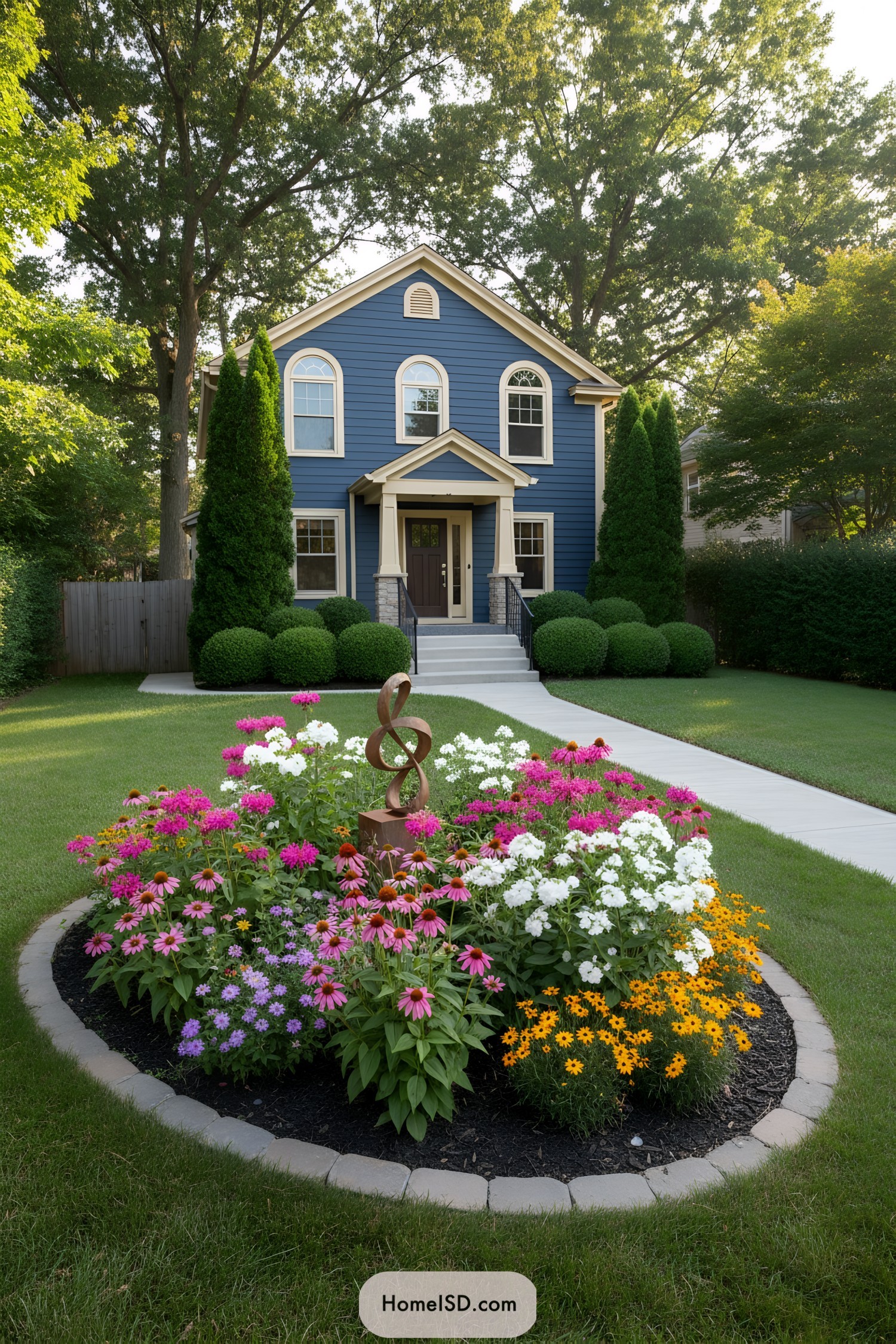 Circular front-yard flower bed of pink coneflowers, white phlox, and yellow daisies around a small metal sculpture