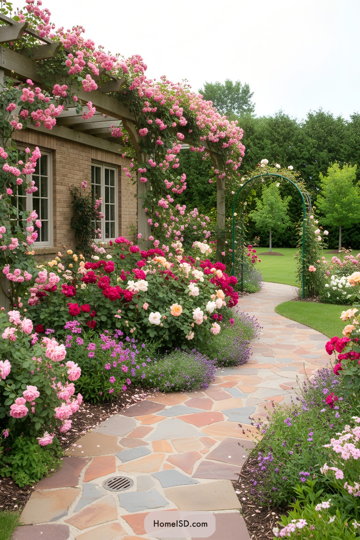 Curving flagstone path beside a brick home under a pergola draped with pink roses and lush mixed borders
