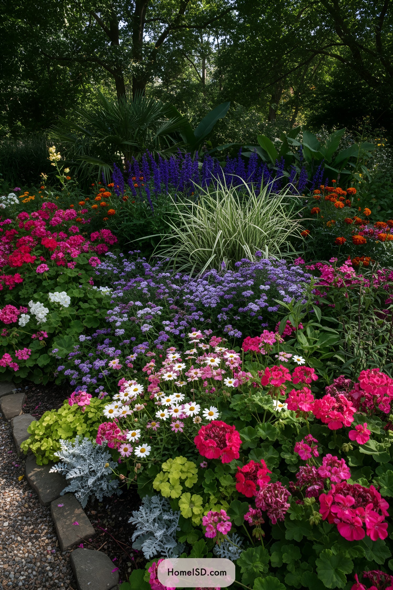 Palm-shaded border packed with pink geraniums, white daisies, lavender ageratum, blue flower spires, orange accents, and a variegated grass mound along a pebble path