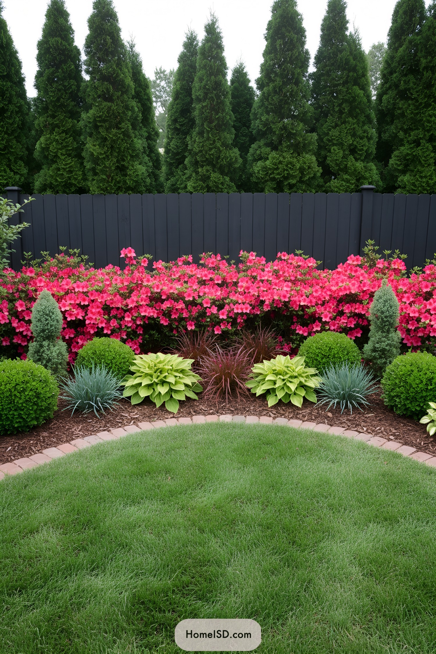 Hot-pink azalea hedge before a black fence with layered evergreens, hostas, blue fescue, and a brick-edged lawn