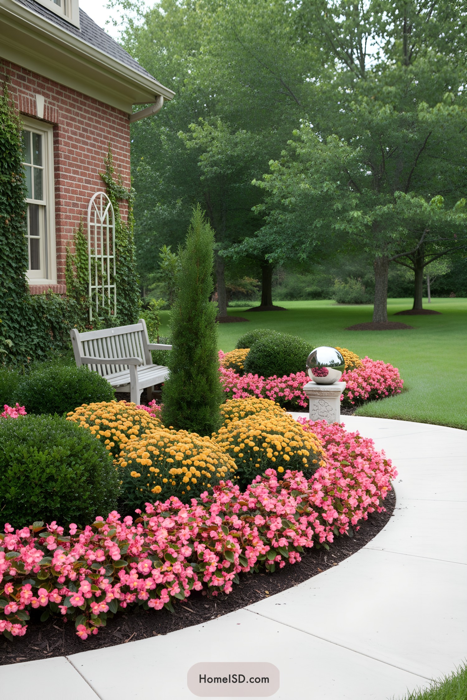Curved front walkway lined with pink begonias, yellow mums, boxwood balls, a slim conifer, and a gazing ball beside a brick facade
