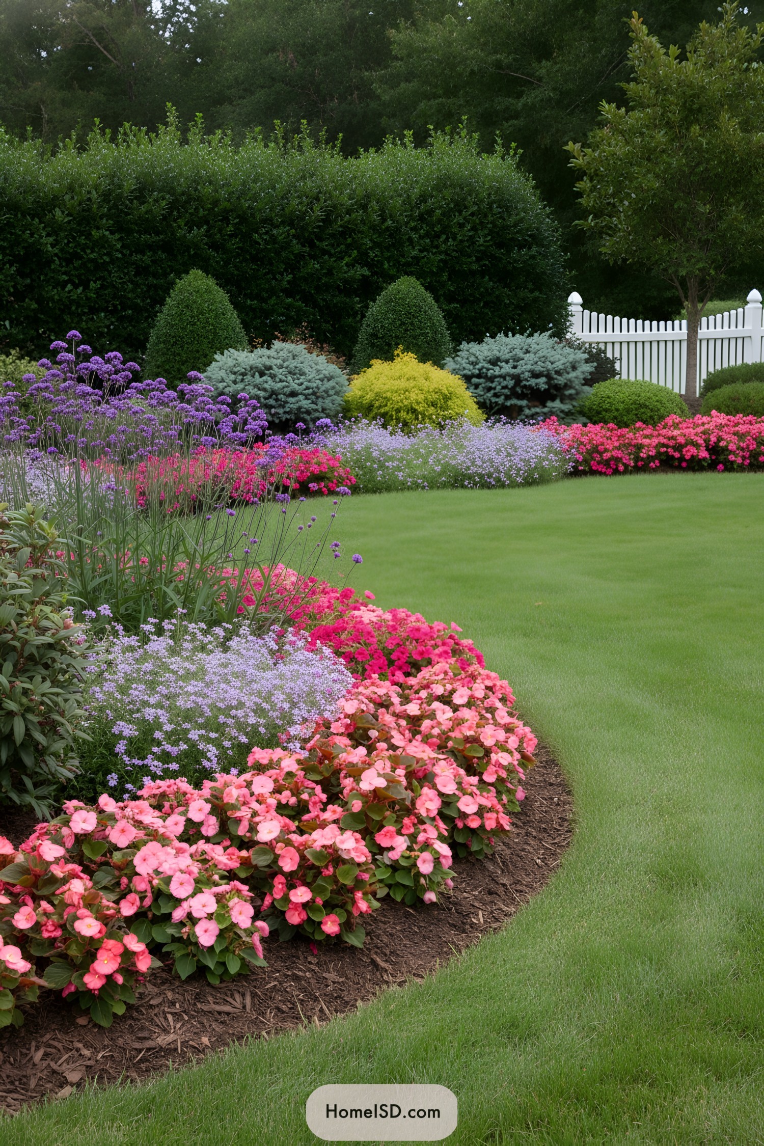 Curved lawn border of pink blooms, purple accents, and evergreens by a hedge and white fence