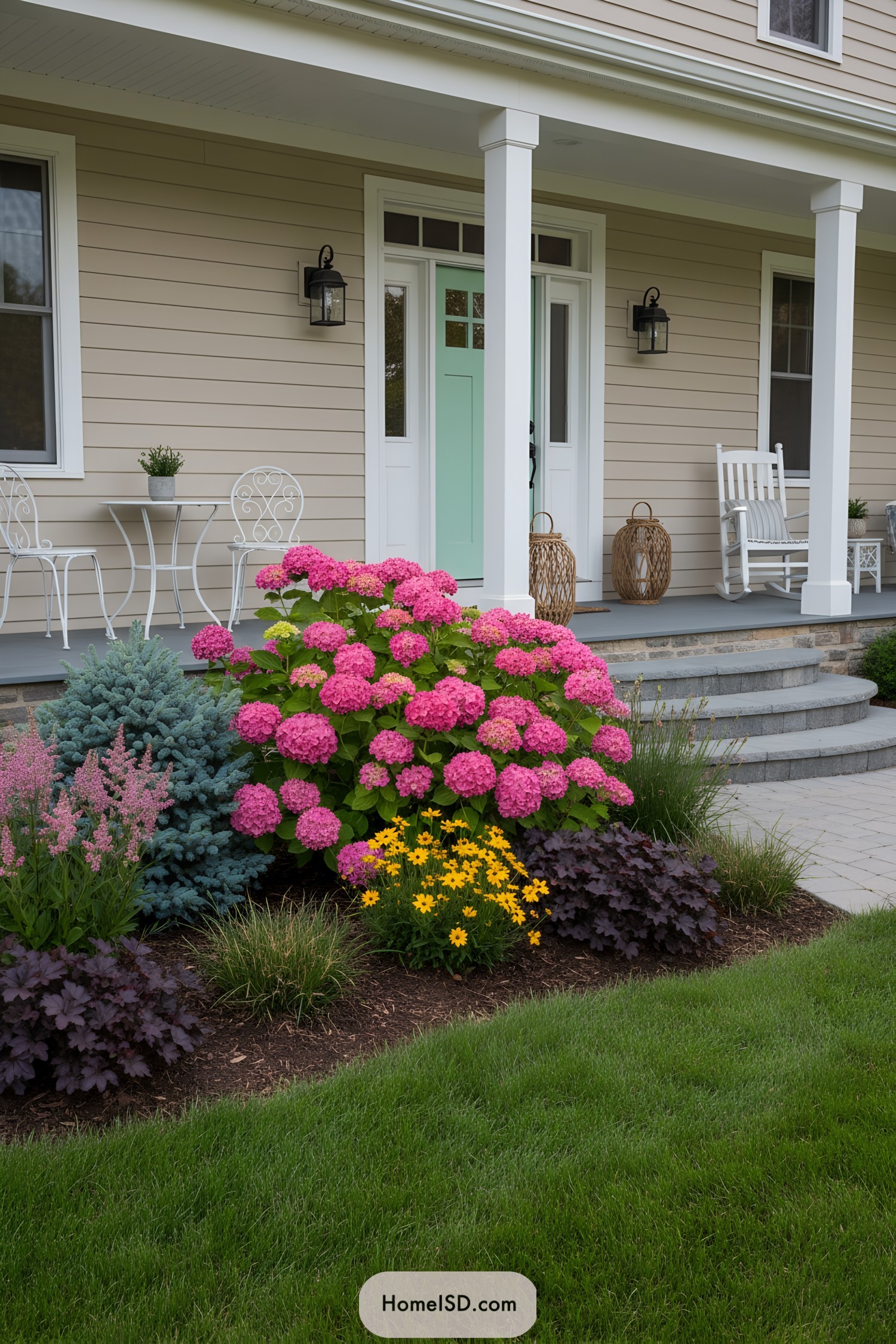 Front porch with mint door and layered bed of pink hydrangeas, yellow daisies, purple heuchera, astilbe, and blue spruce