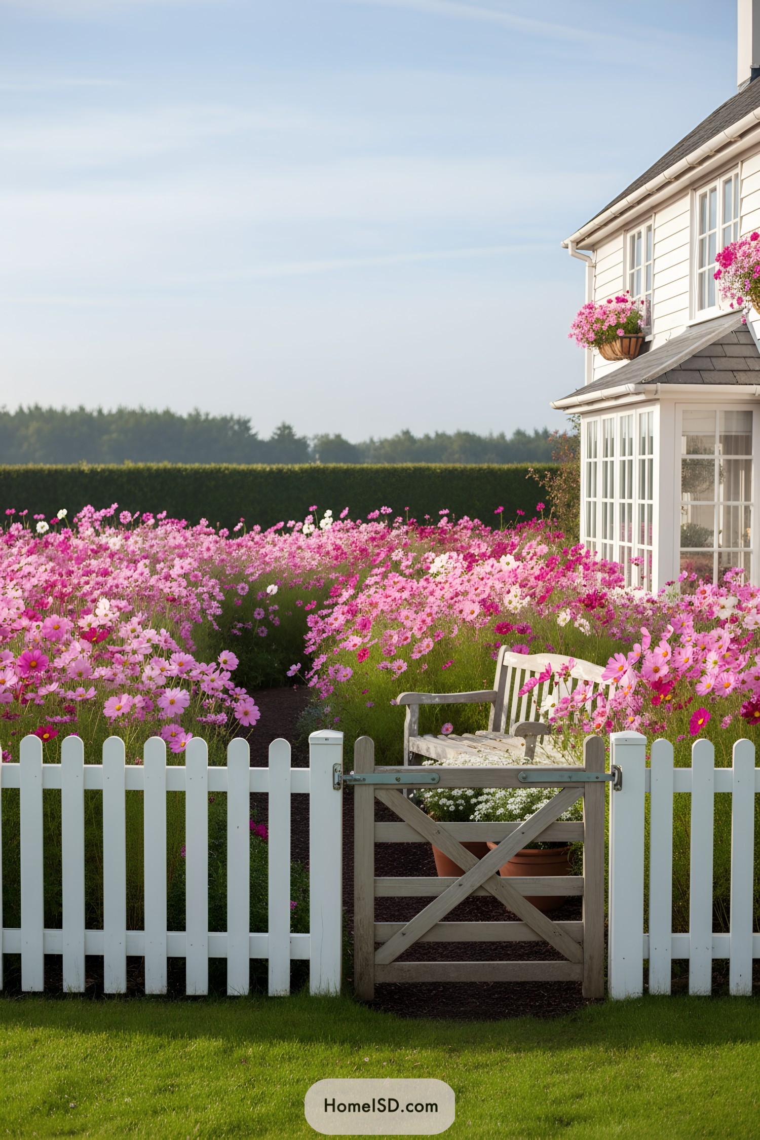 Cottage yard of pink cosmos behind a white picket fence and bench