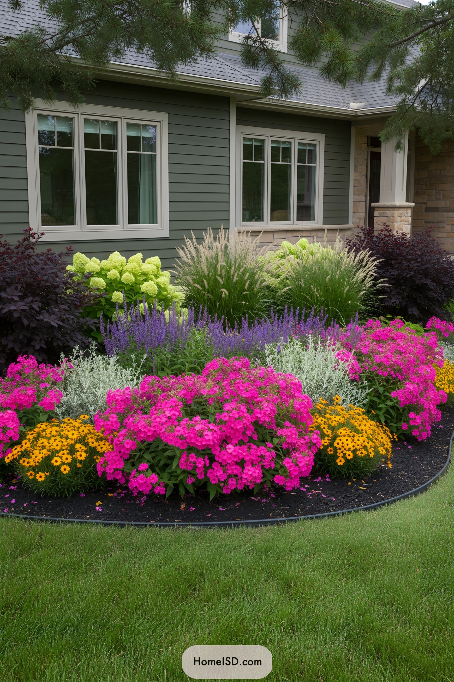 Curved front-yard bed of hot-pink phlox, yellow daisies, purple spikes, lime hydrangeas, and grasses by a green house