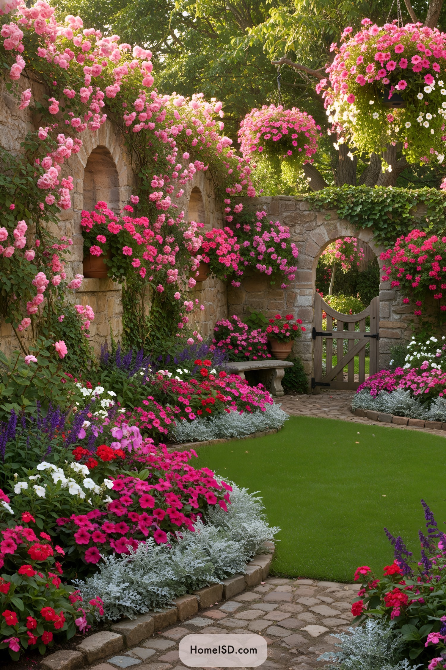 Stone-walled courtyard garden with pink flowers, arches, and a curved lawn