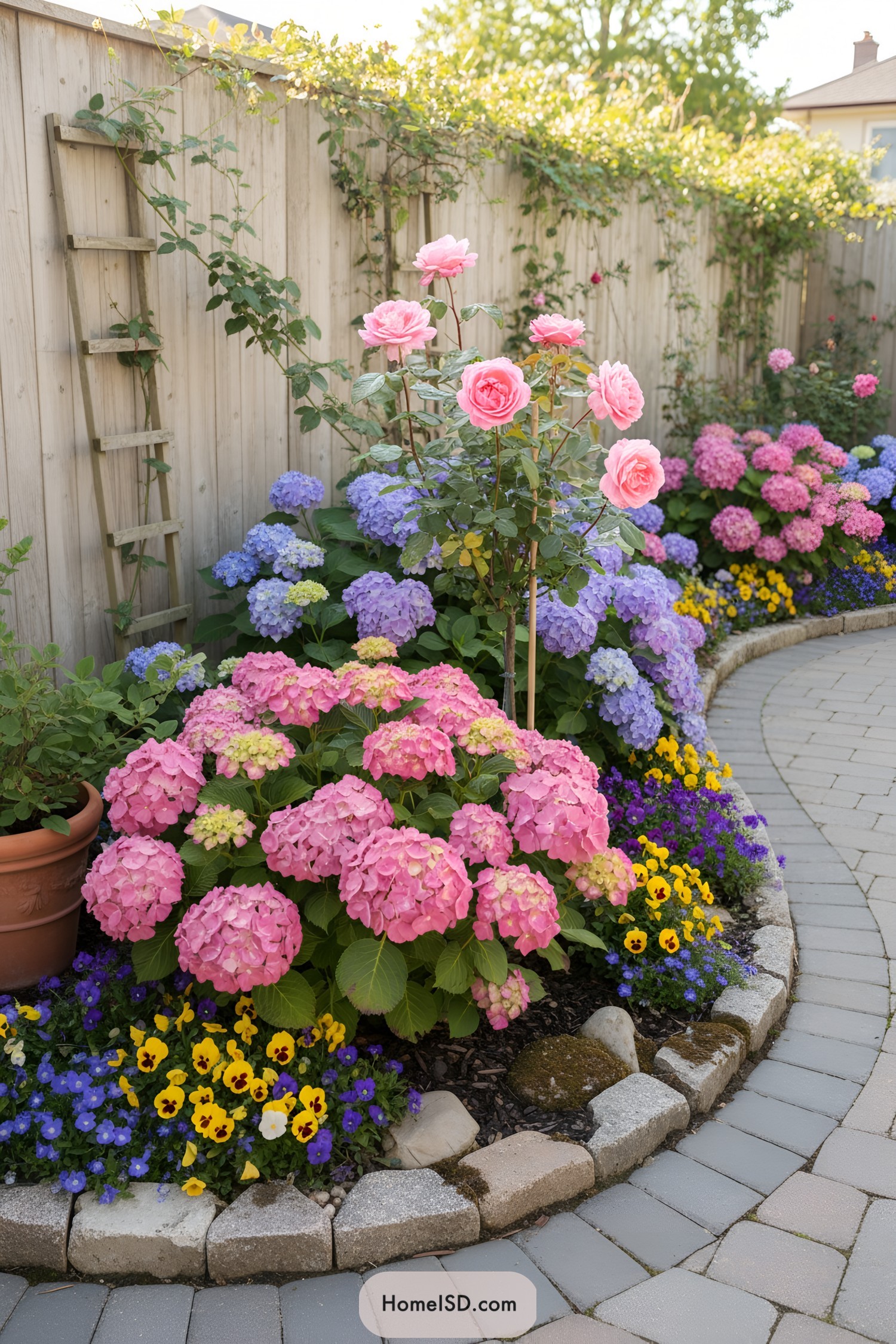 Curved paver path beside wood fence with pink roses, pink and blue hydrangeas, and yellow-purple pansies framed by stone edging