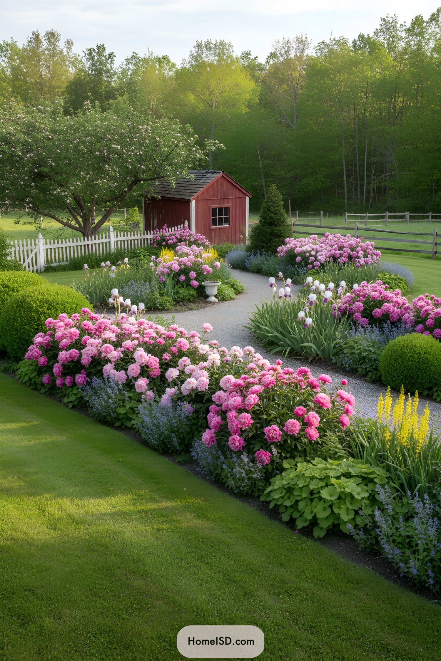 Curving gravel path with pink peony beds leading to a barn-red shed and picket fence