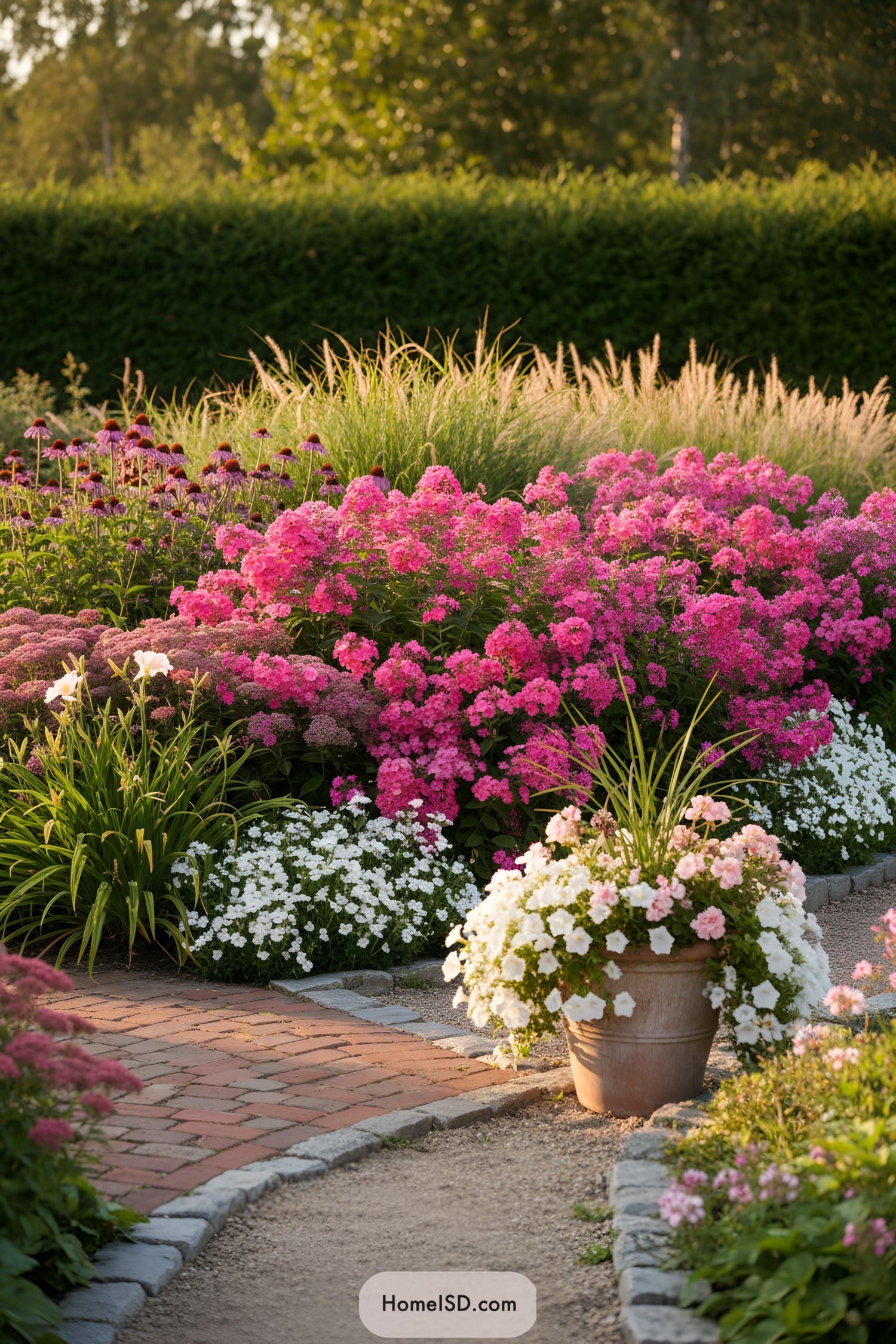 Curved path framed by pink phlox, white petunias, and sunlit grasses