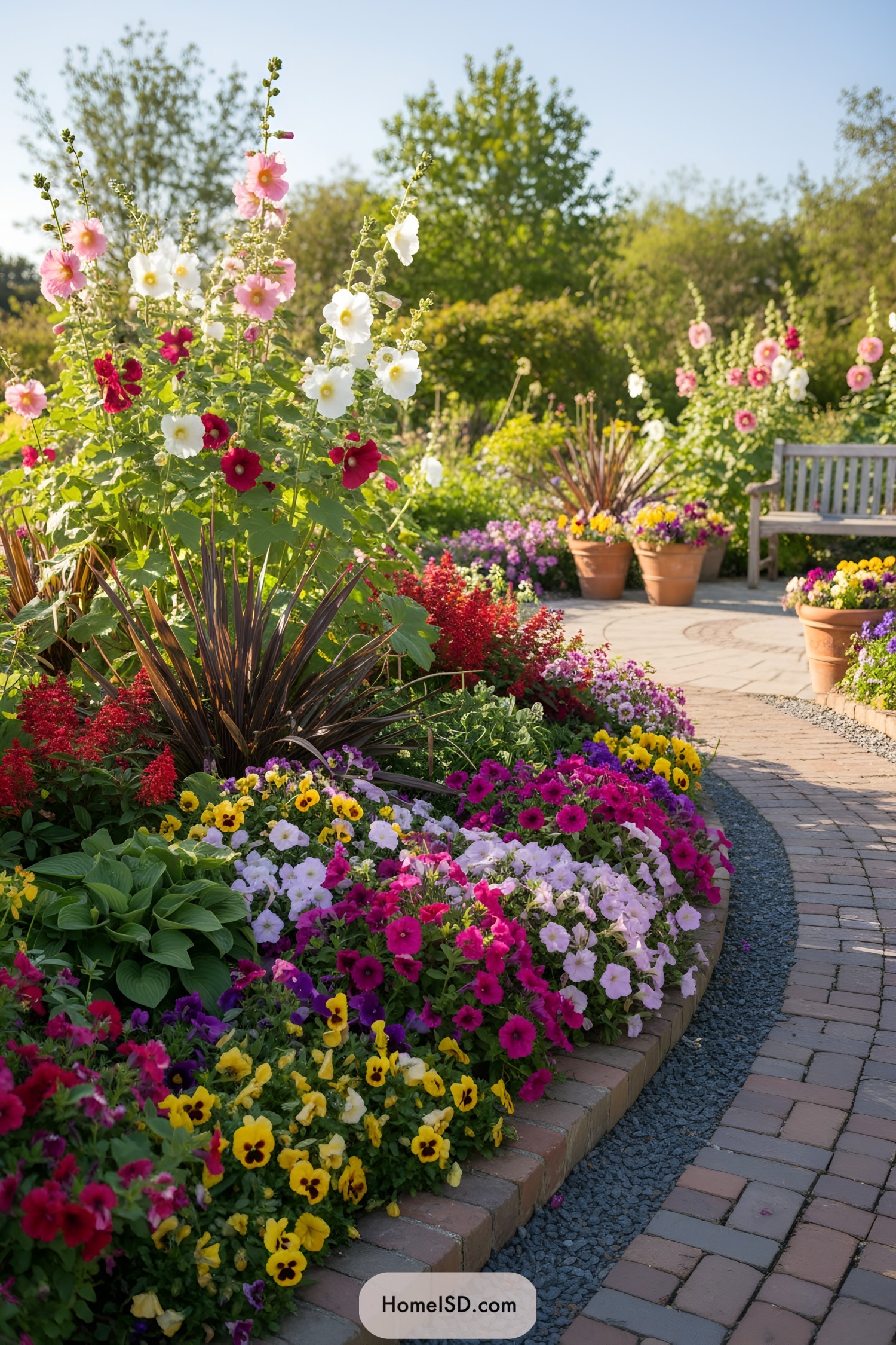 Curved brick path with pink blooms and a bench