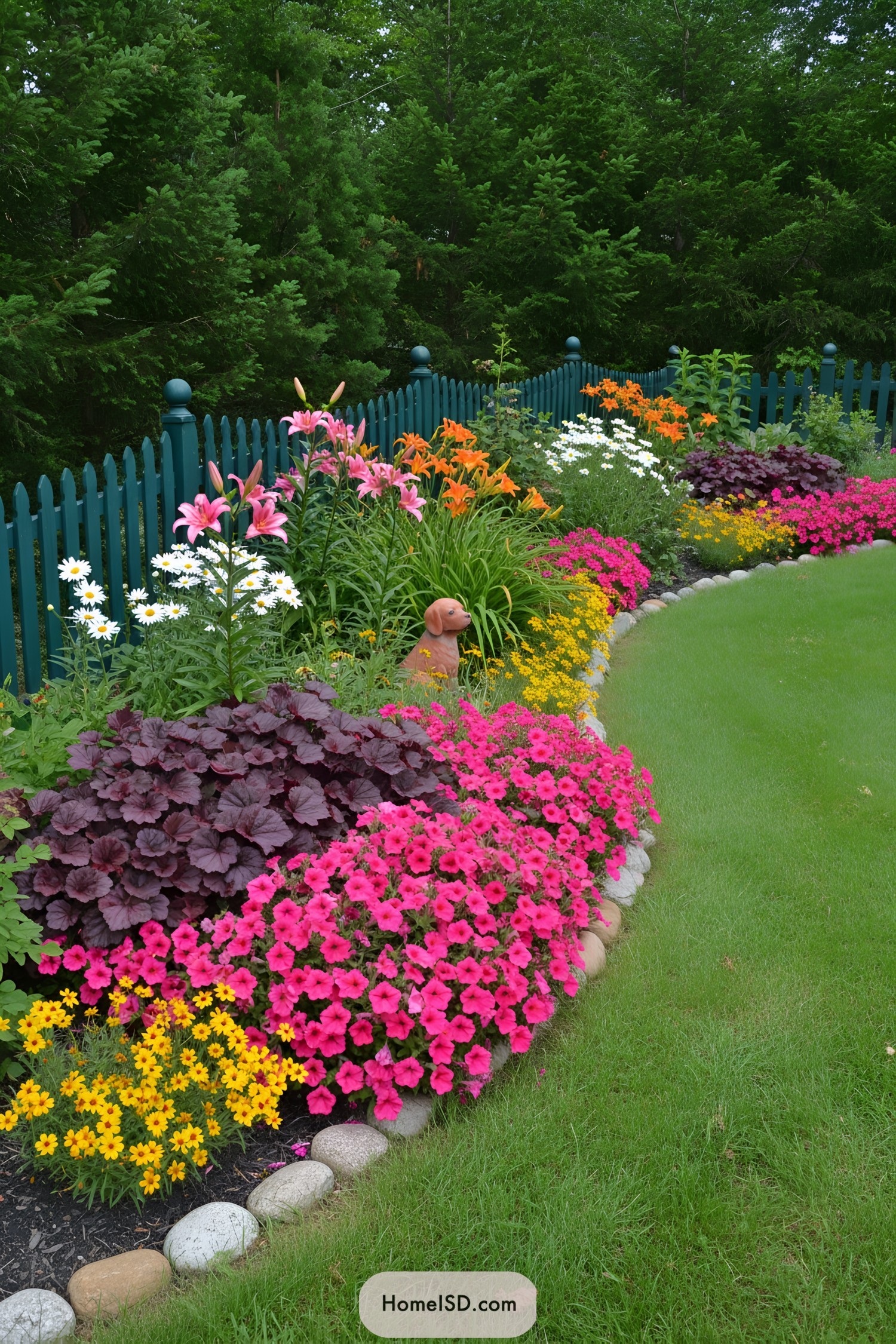 Curved flower bed of pink petunias, lilies, and daisies along a teal picket fence