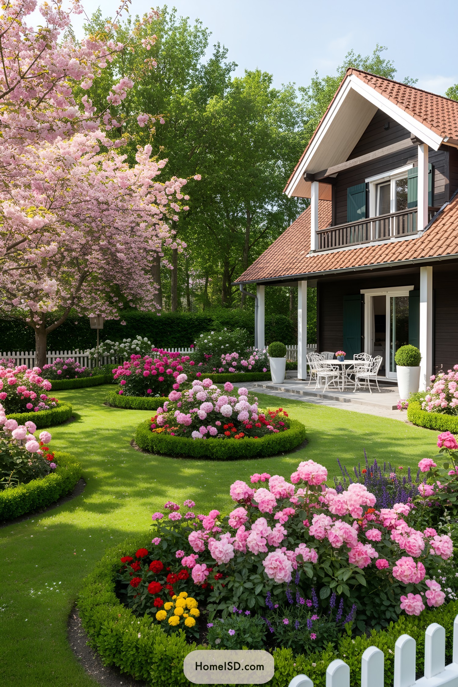 Front yard with circular boxwood beds of pink blooms beneath a flowering cherry by a cottage porch