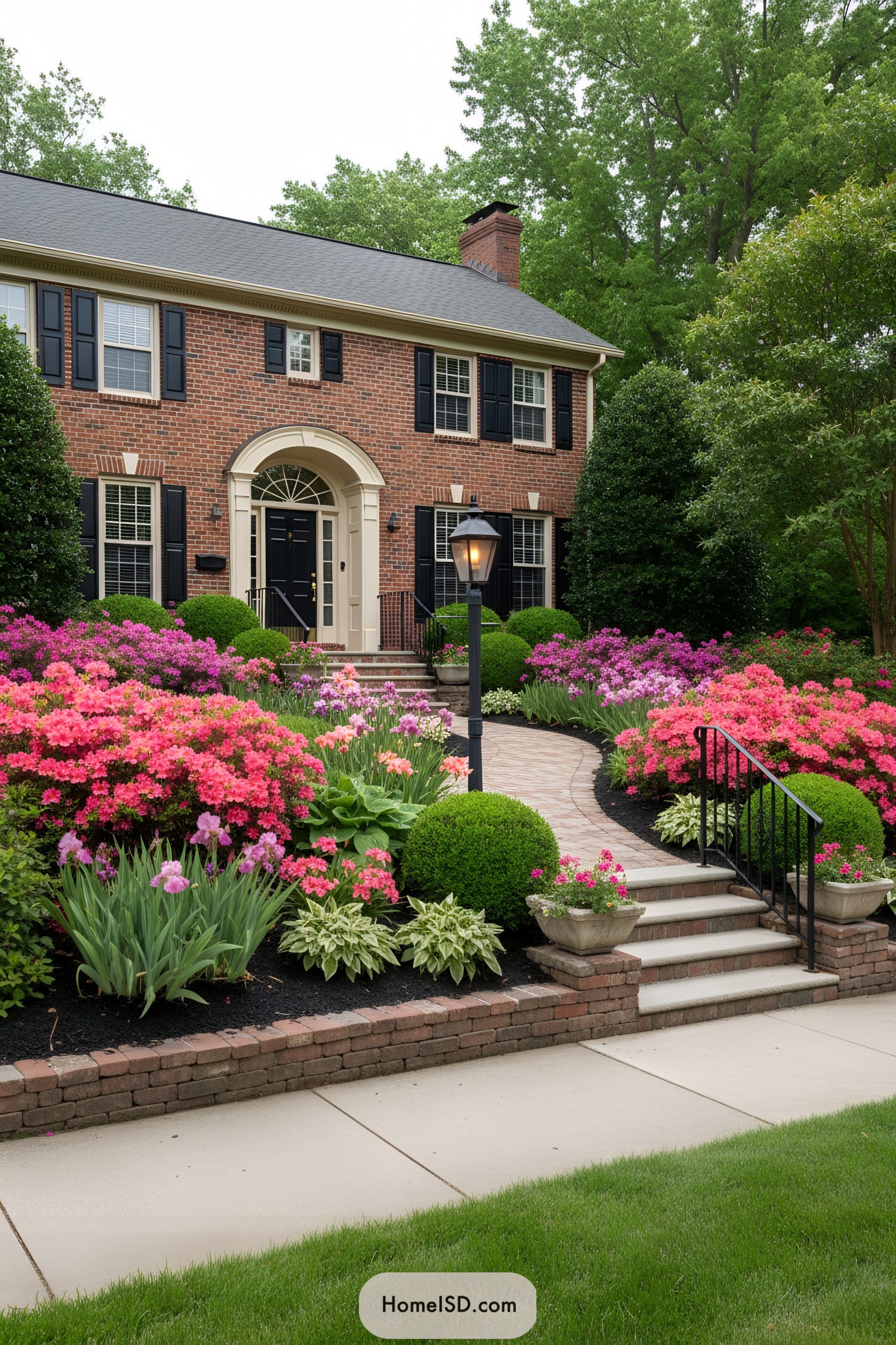 Pink azalea beds and clipped boxwoods line a curving brick walkway to a colonial front door