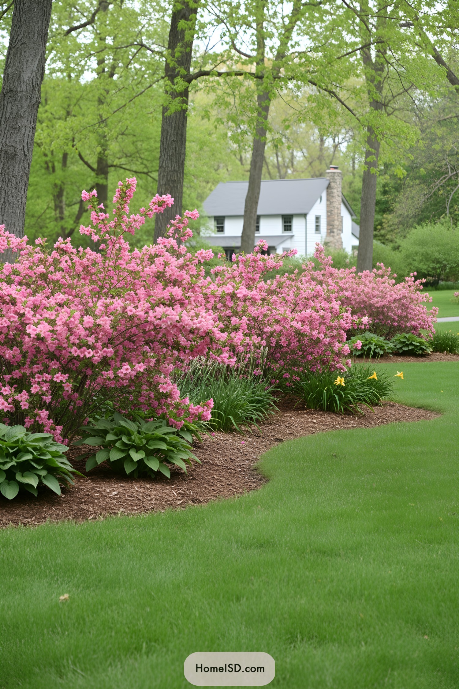 Curved lawn border of pink flowering shrubs with hostas and daylilies beneath tall trees