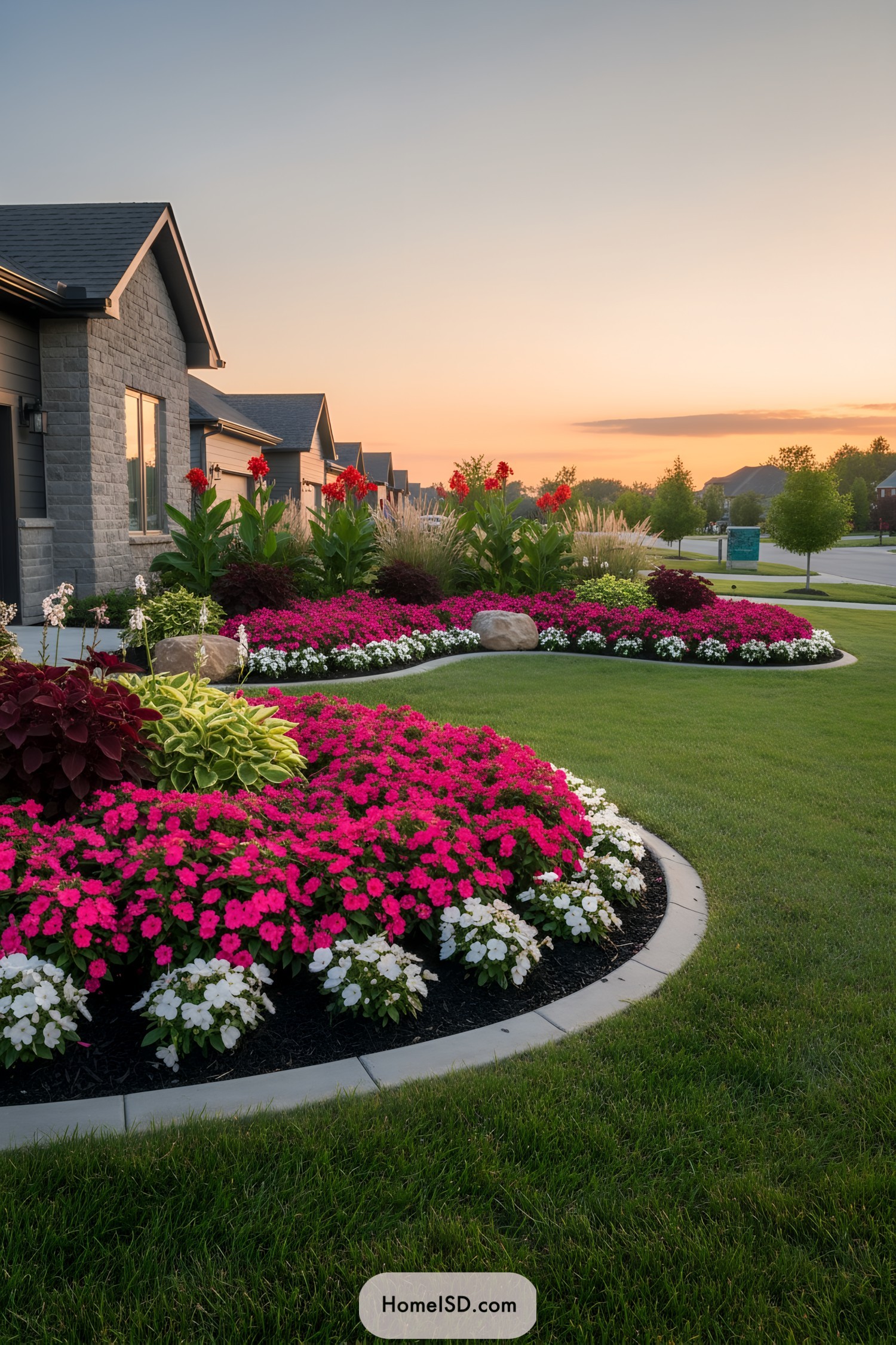 Sweeping pink impatiens beds with white borders, cannas, grasses, and stone-edged curves at sunset