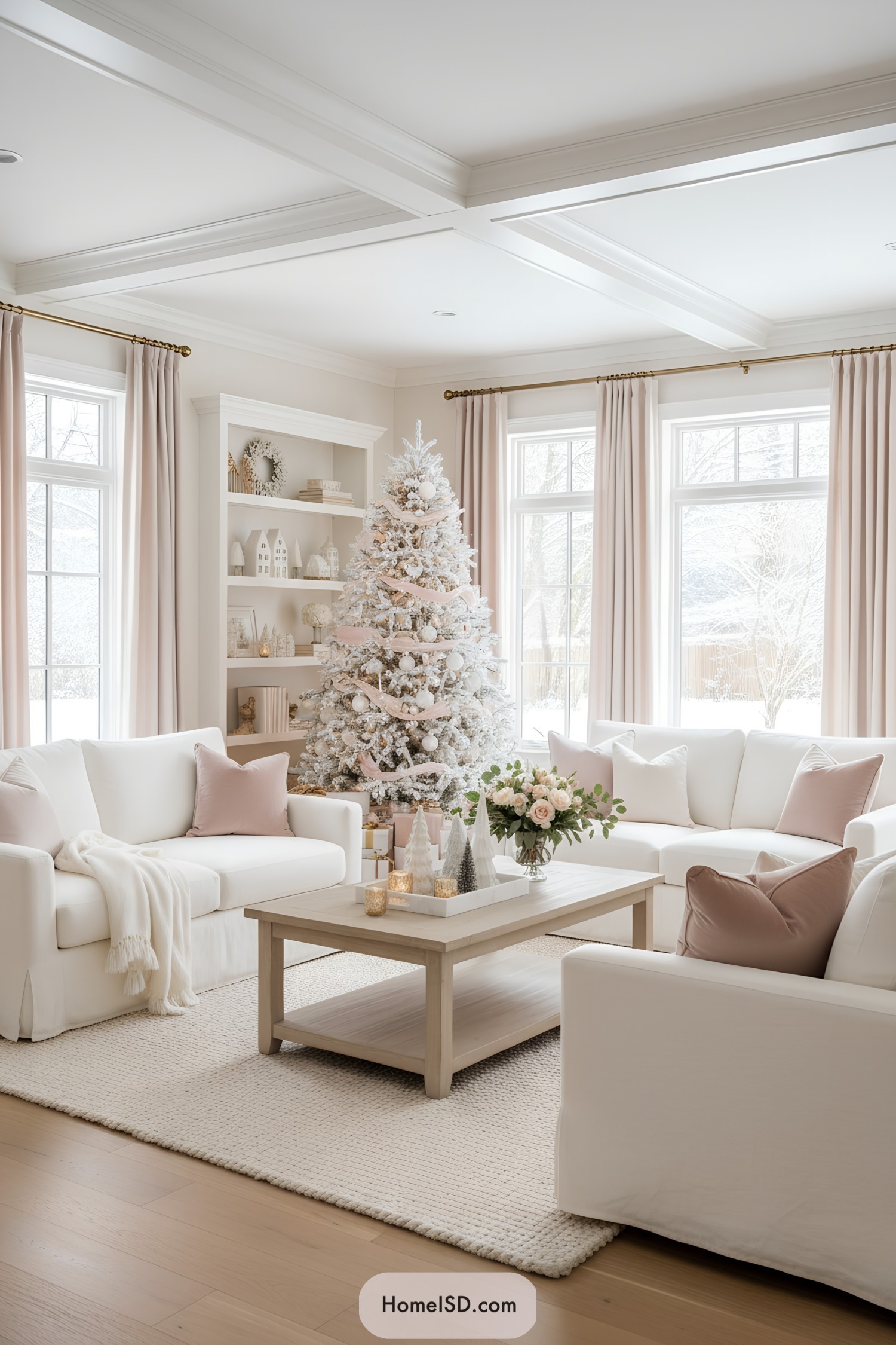 White tree with blush ribbons and ornaments