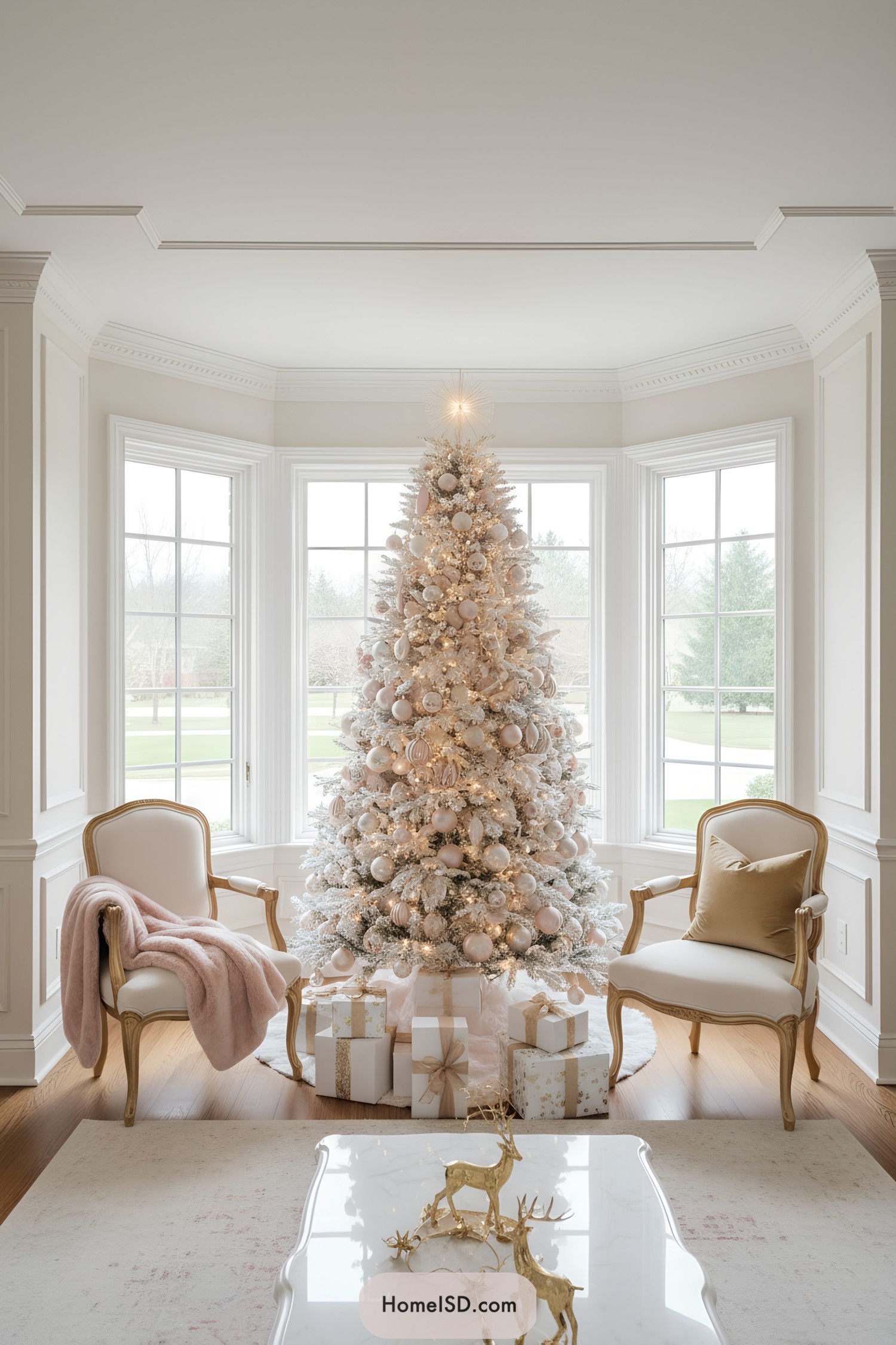 White tree with blush ornaments and soft lights
