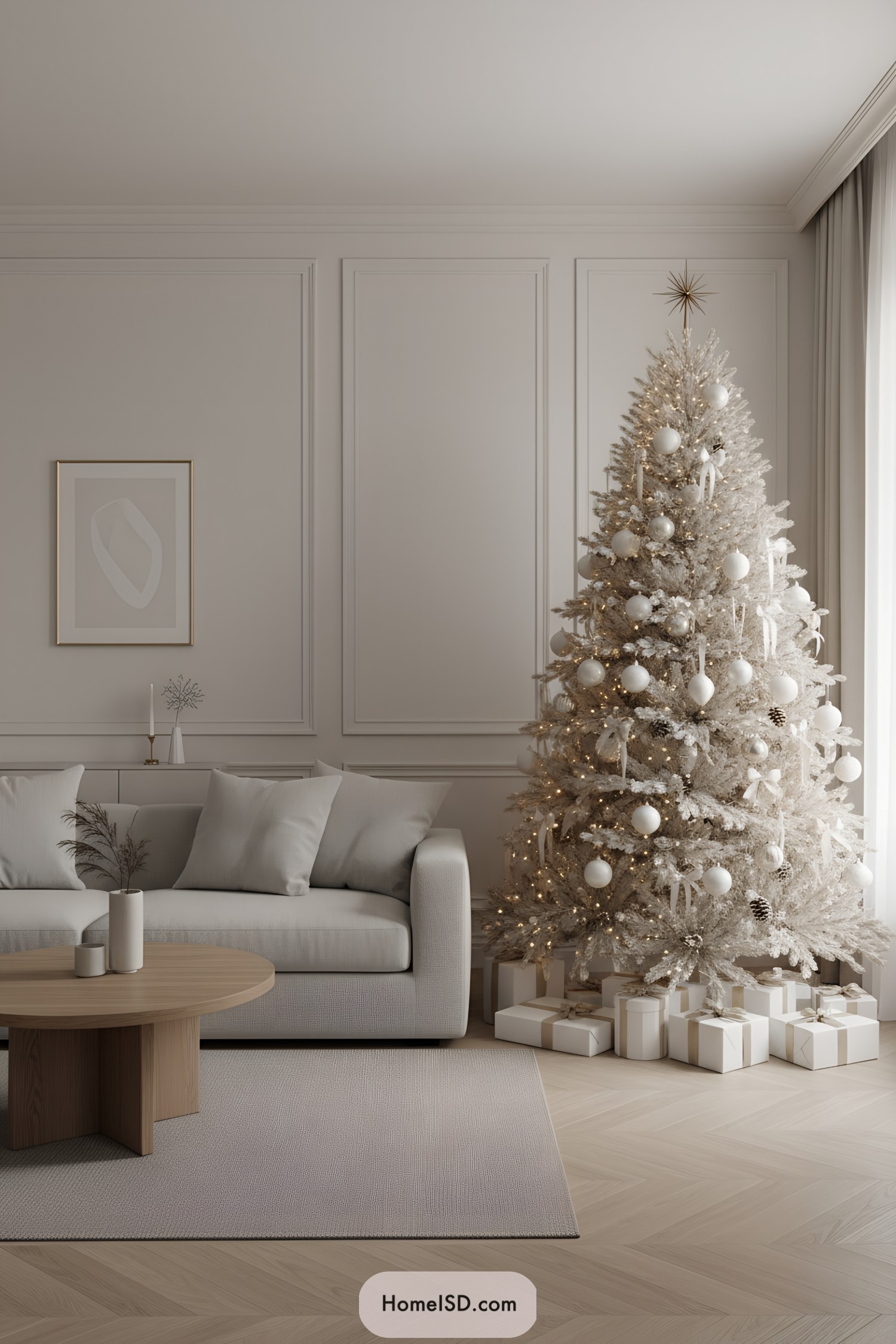 White Christmas tree with gold lights and white ornaments beside neutral sofa