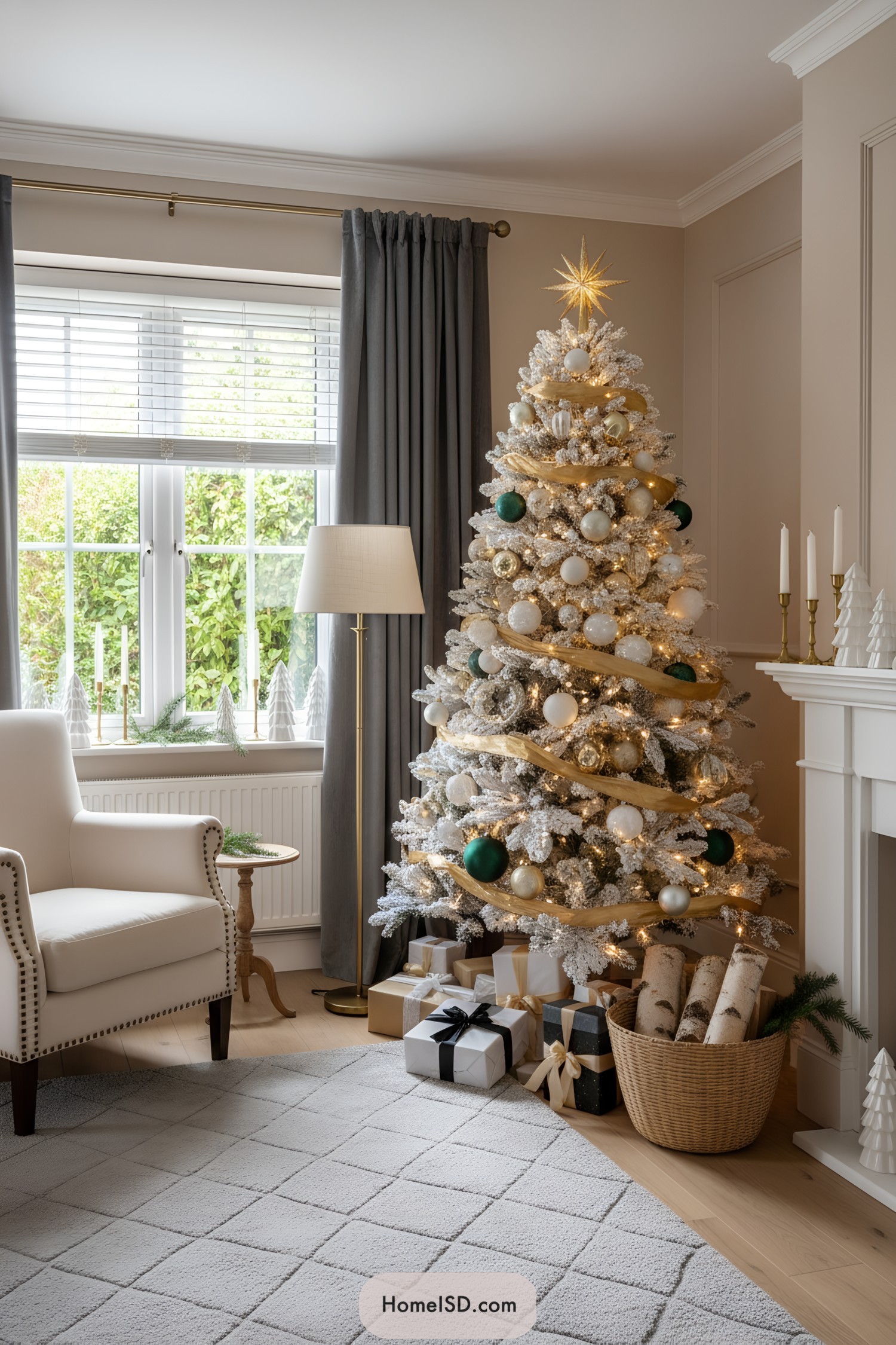 White Christmas tree with gold ribbon and green ornaments