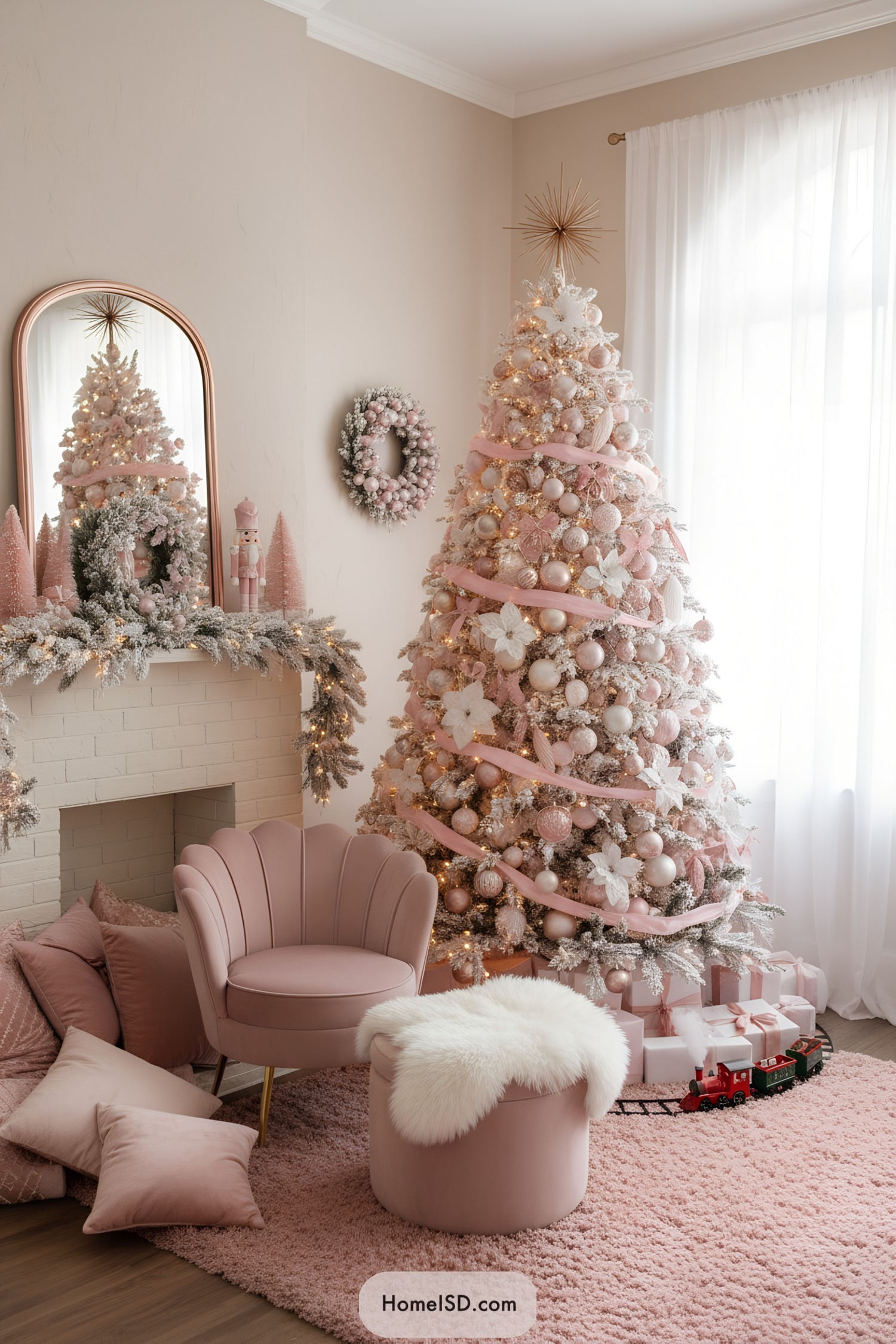 Pink Christmas tree with ribbons and baubles