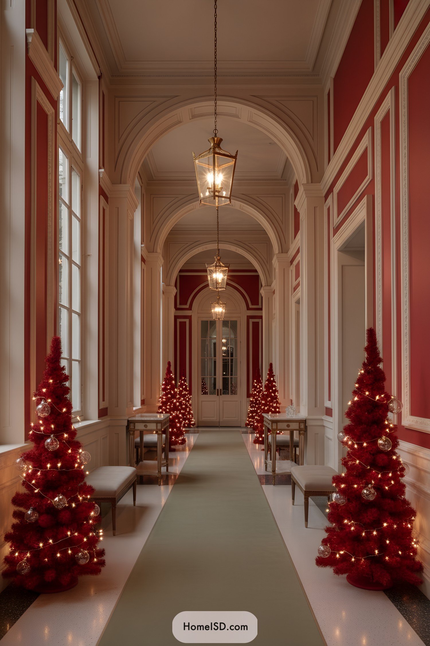 Row of red lit Christmas trees in a grand hallway