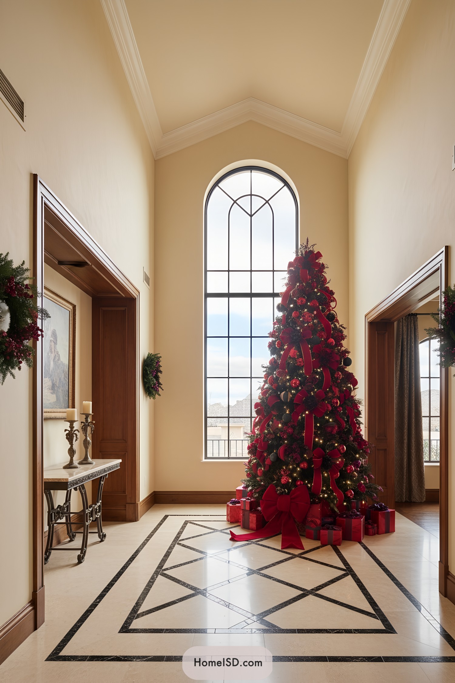 Tall red Christmas tree with ribbons, ornaments, and presents in a grand hallway