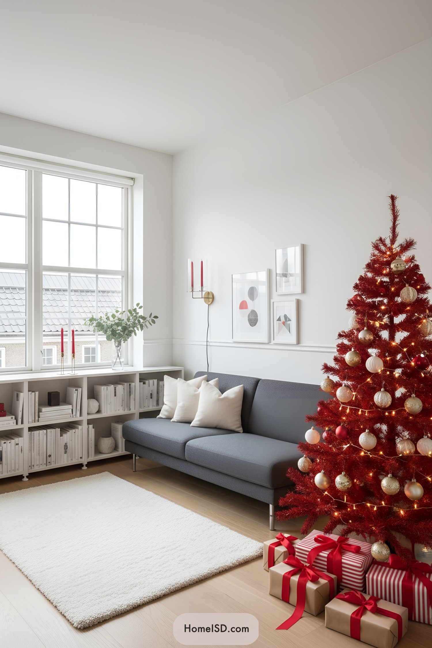 Red tinsel tree with gold ornaments