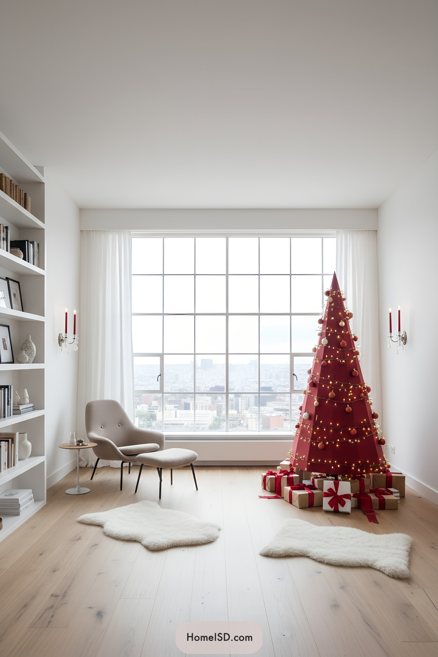 Minimalist red cone tree with lights