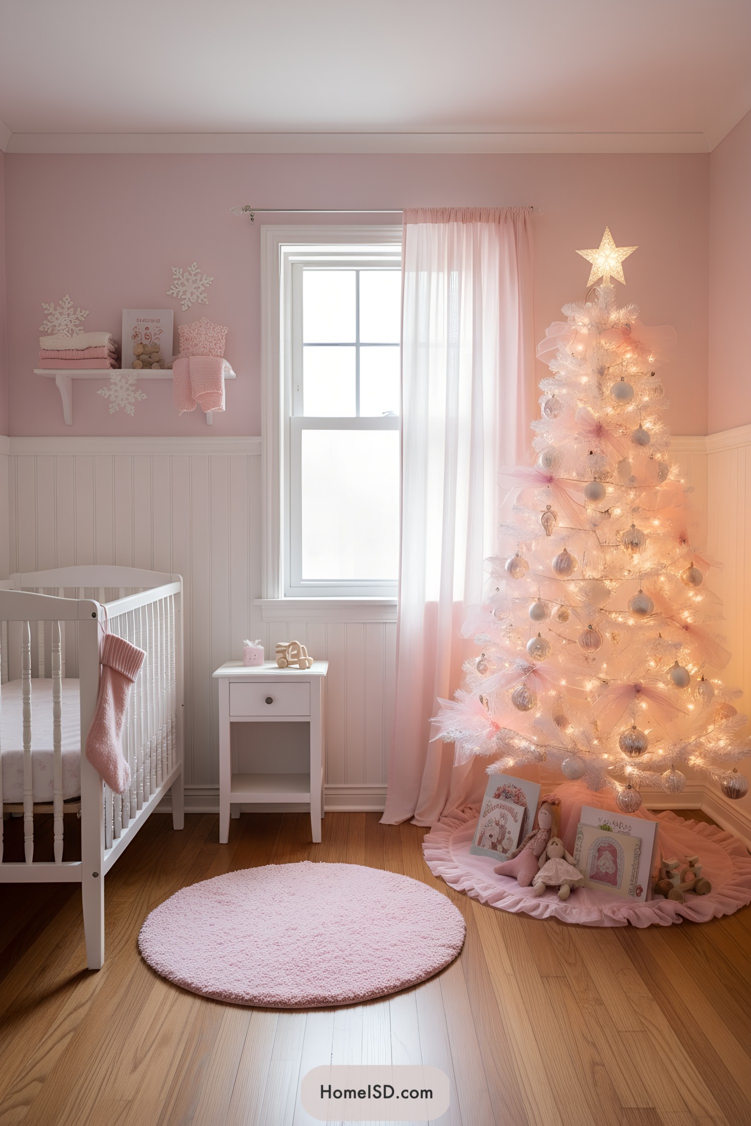 Soft pink-lit Christmas tree in nursery