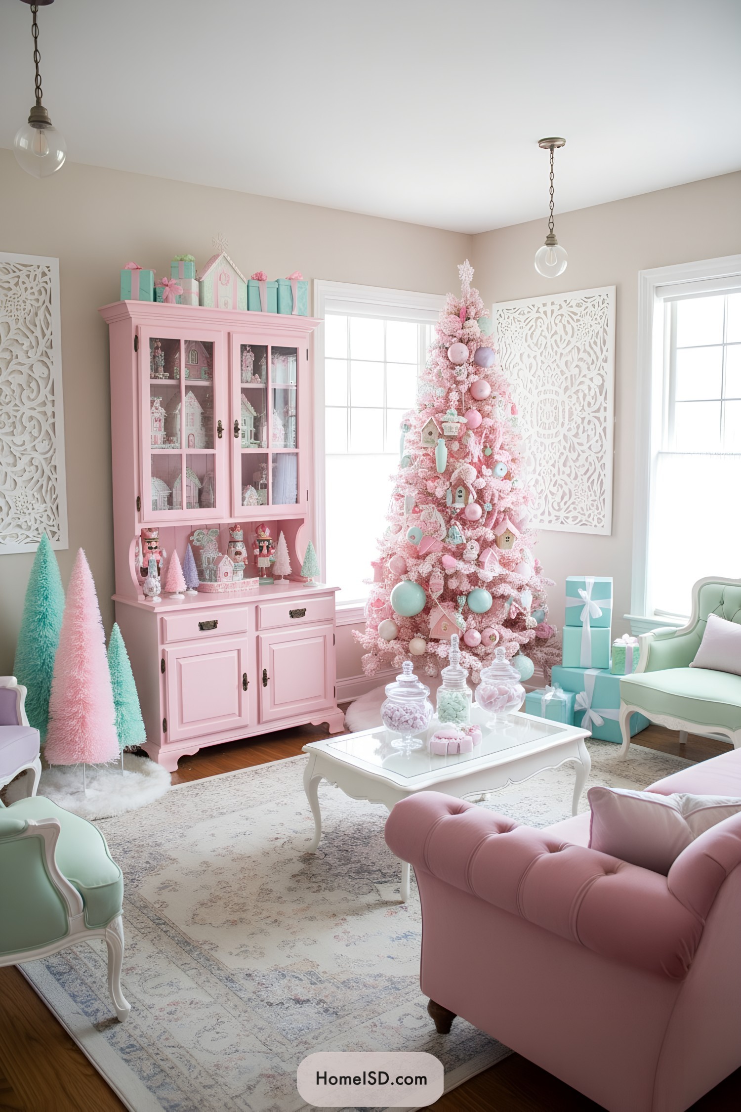 Pink Christmas tree with pastel ornaments and gifts