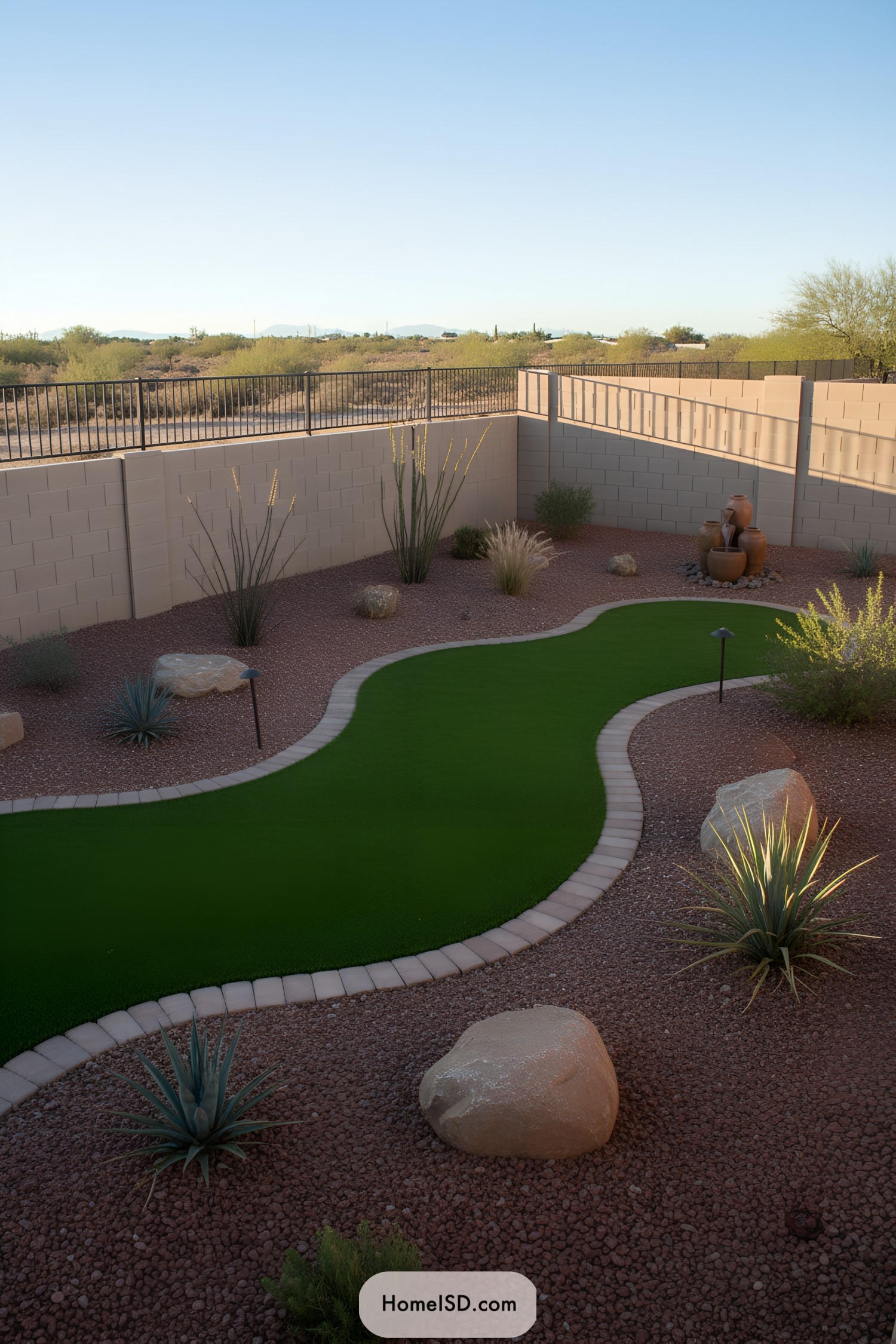 Curved strip of artificial turf winding through a desert gravel yard with scattered boulders, agaves, and a terracotta fountain feature