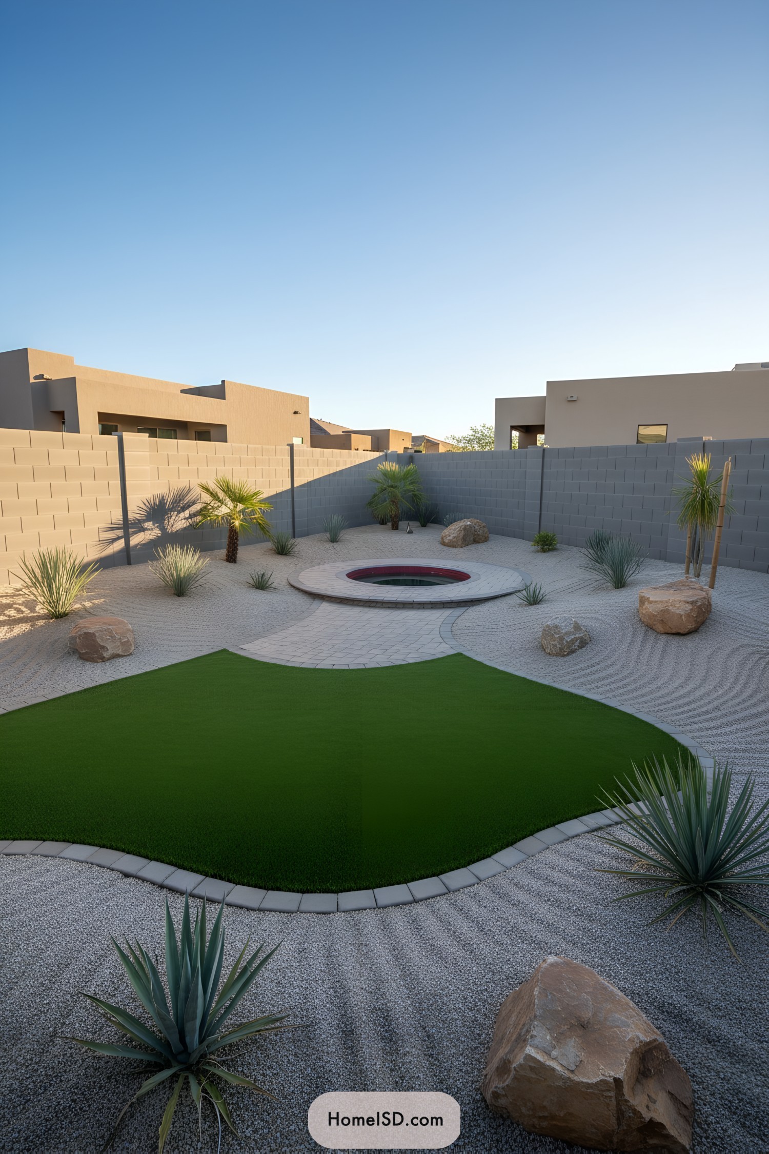 Modern desert backyard with turf and sunken circular feature