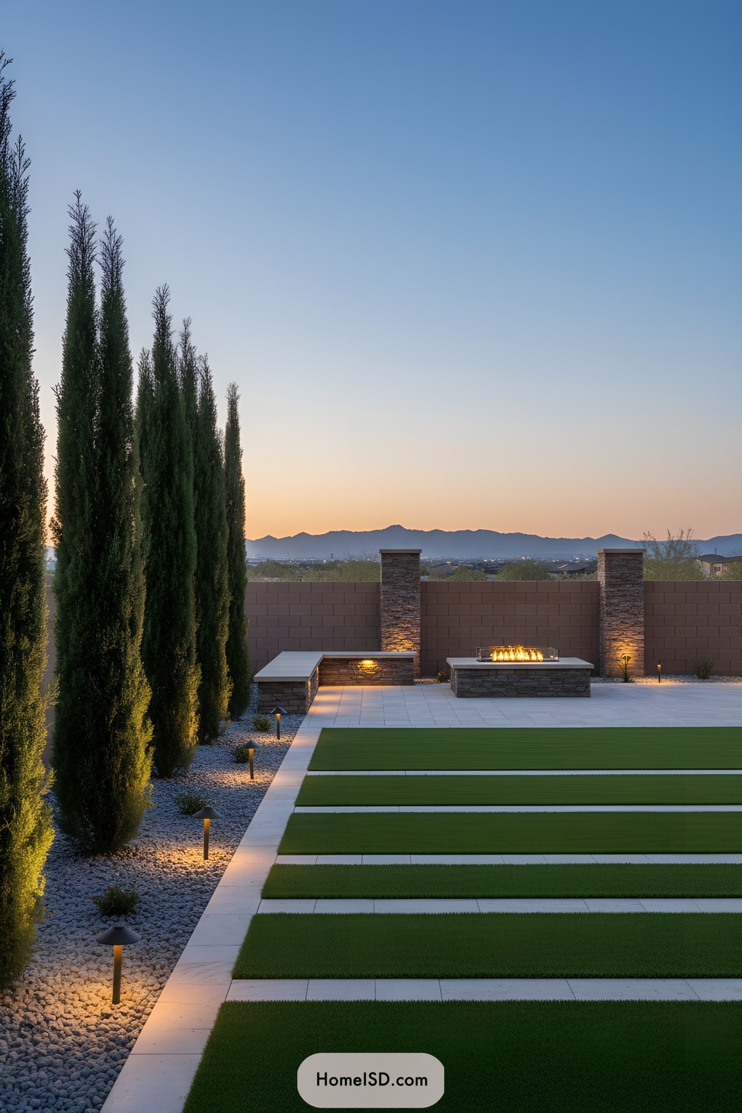 Modern desert yard with striped turf and fire pit