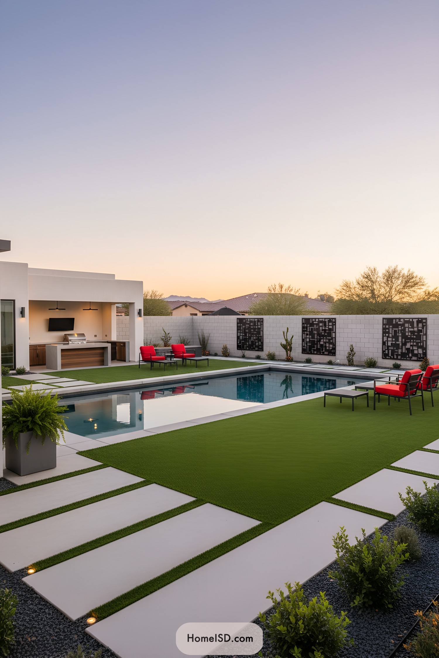 Modern desert backyard with linear pool red lounge chairs and geometric pavers at sunset