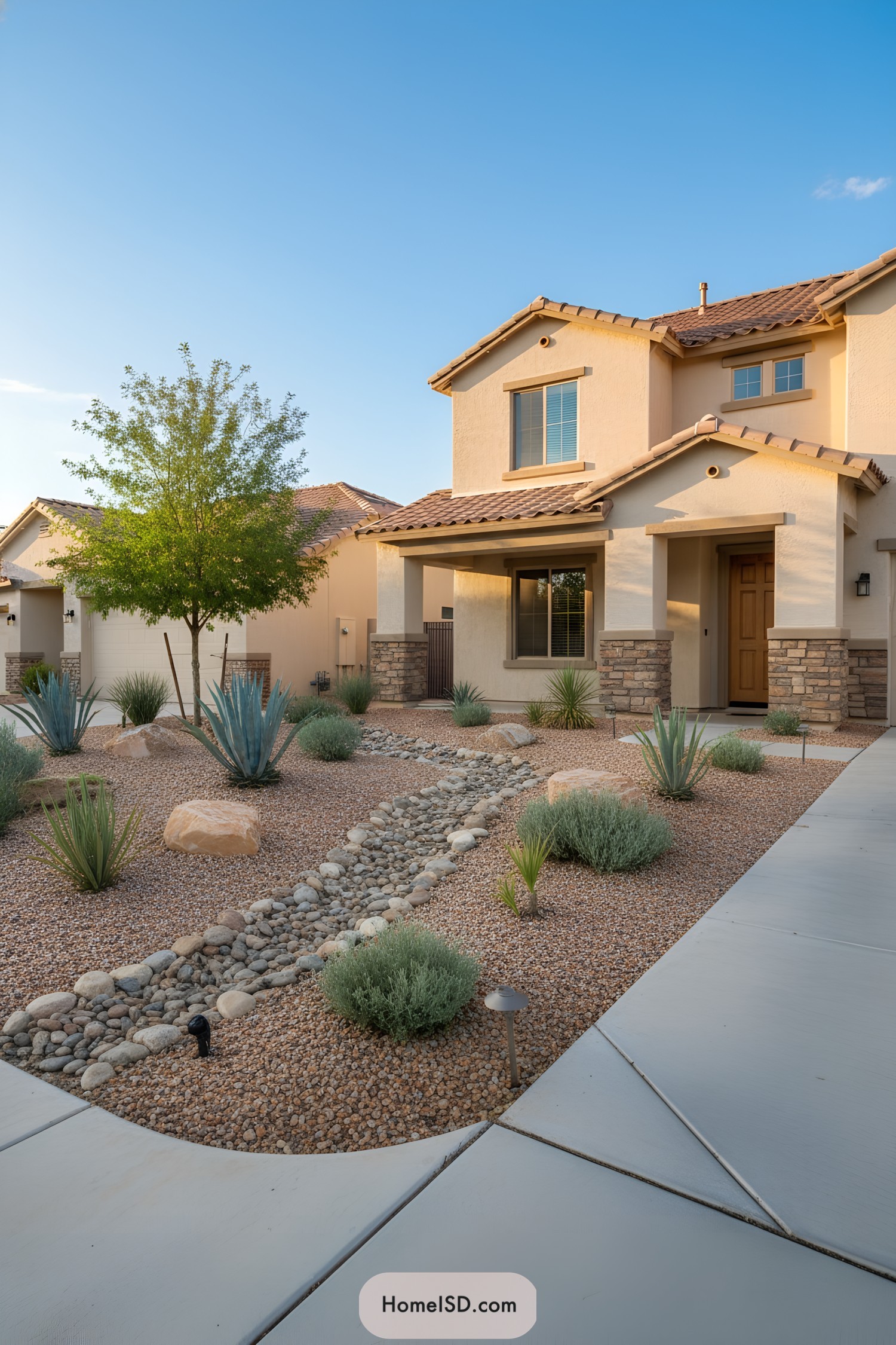Desert front yard with dry riverbed and drought-tolerant plants
