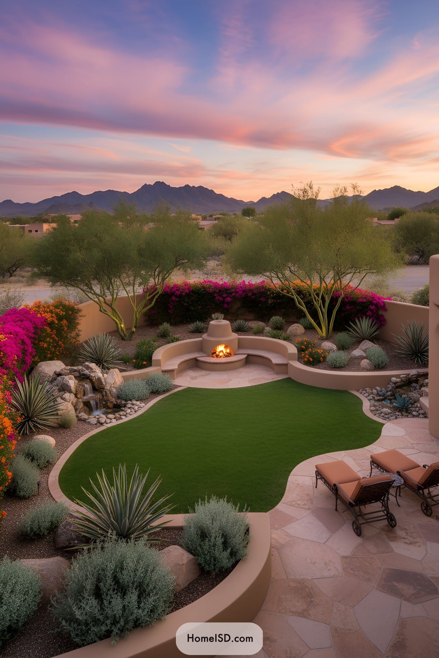 Arizona backyard with fireplace lawn and waterfall