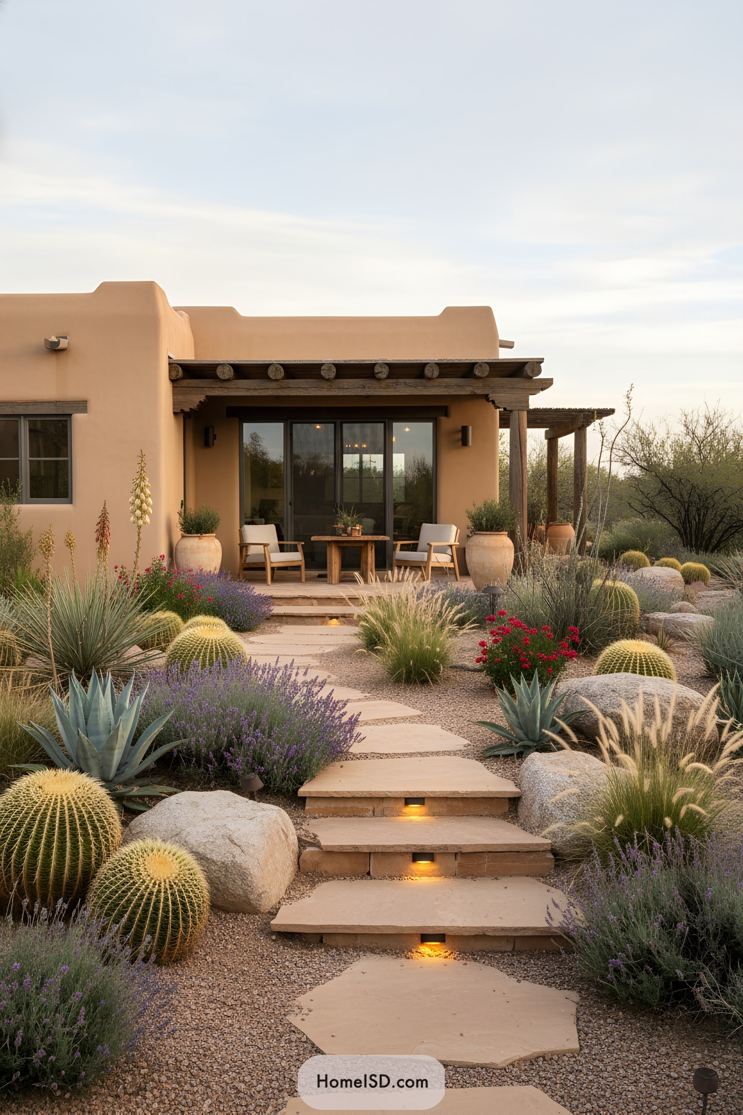 Stepped flagstone path through softly lit desert garden leading to adobe patio