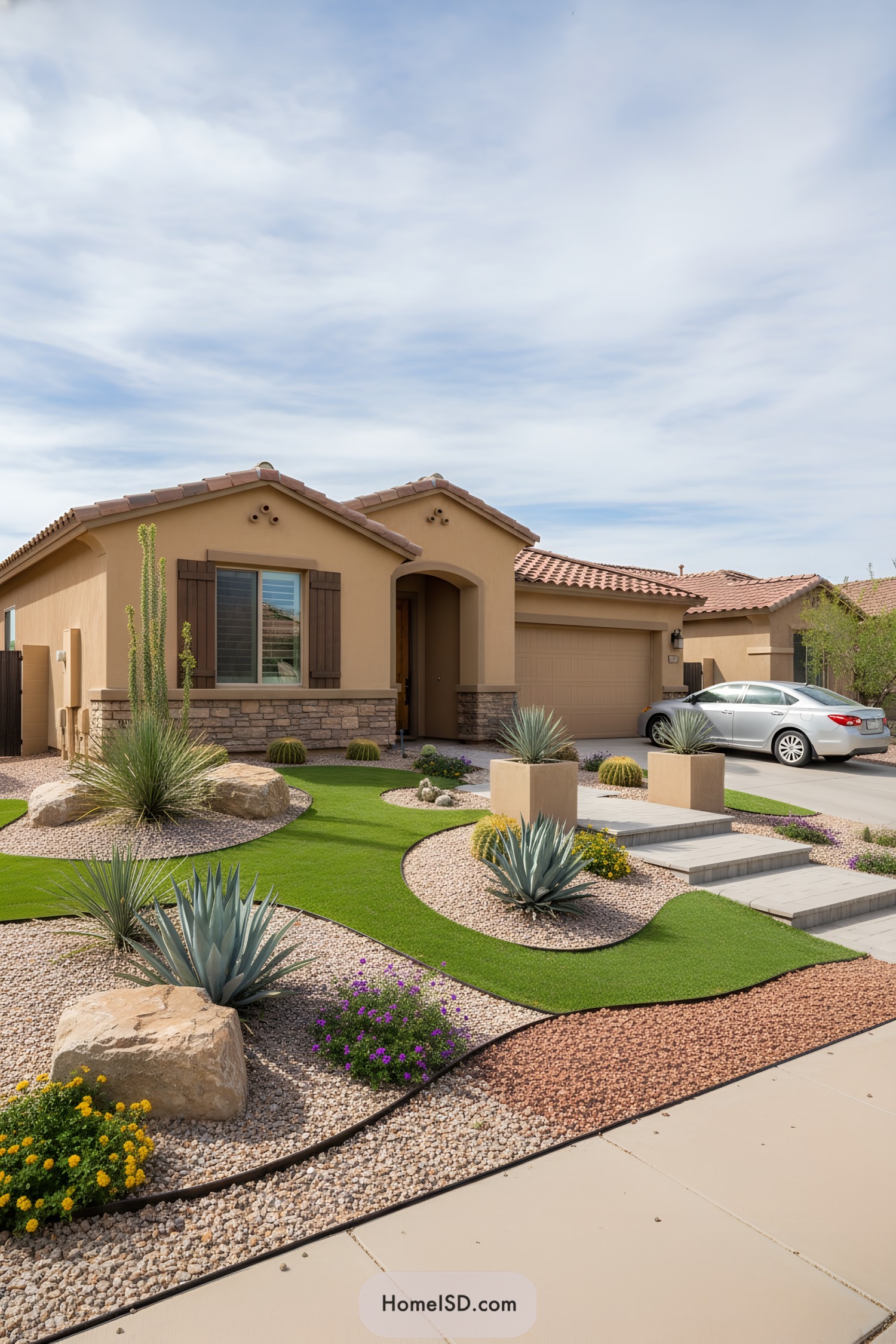 Curved desert front yard with turf ribbons gravel and sculptural agaves