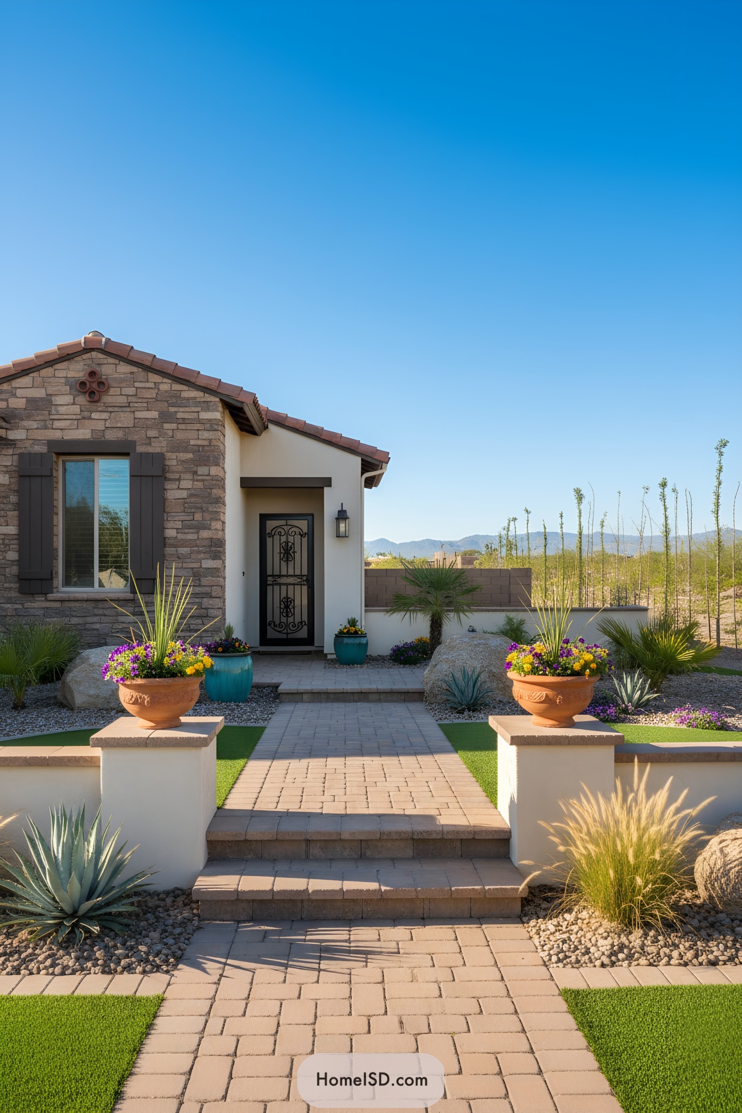 Desert front yard with paver walkway, planters, and drought-tolerant plants