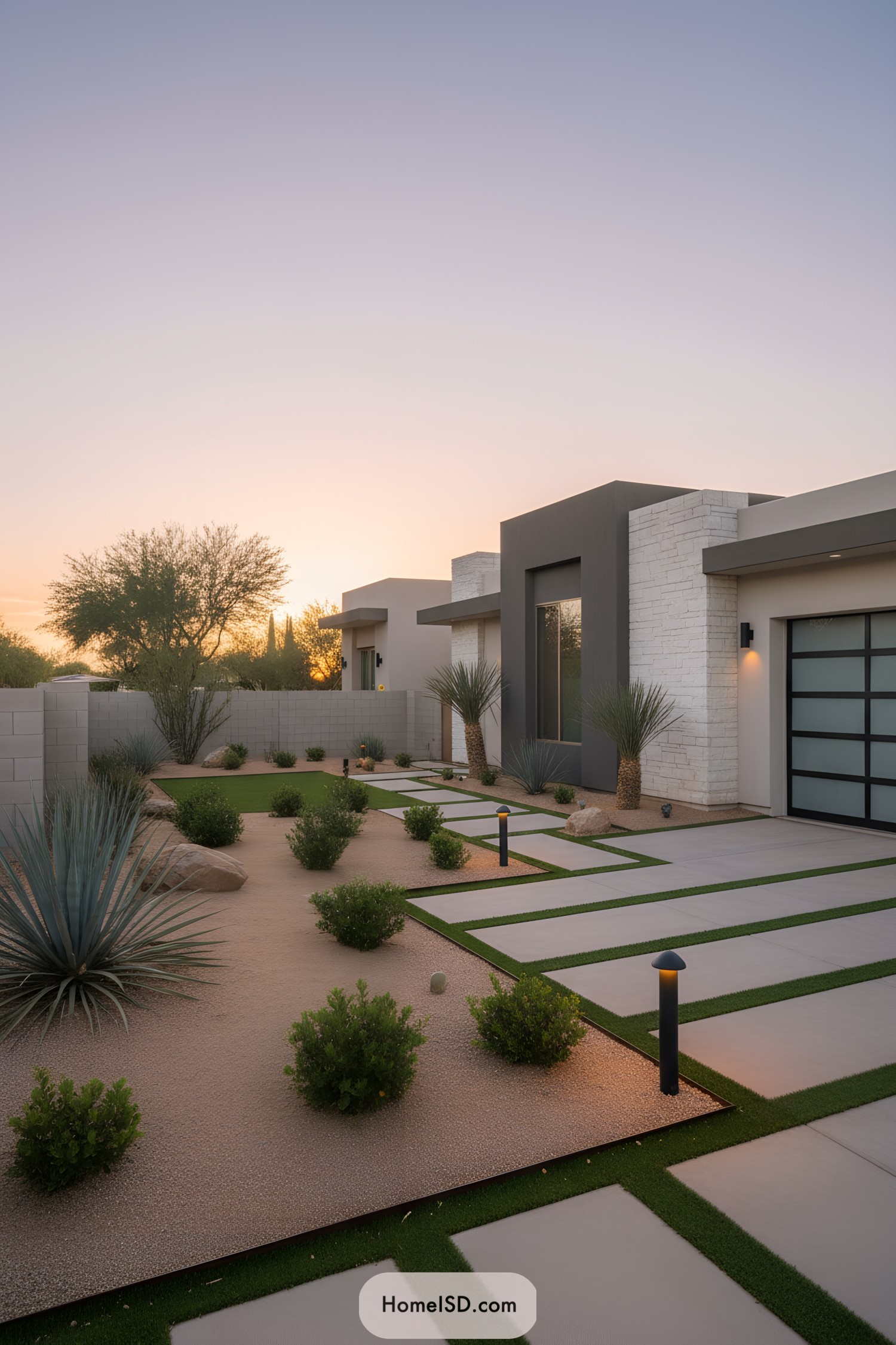 Modern desert front yard with geometric paths