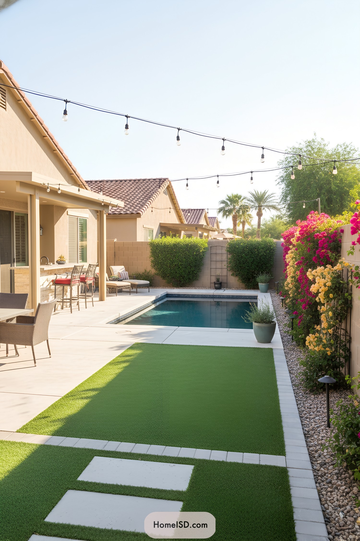 Narrow backyard pool with turf and bougainvillea