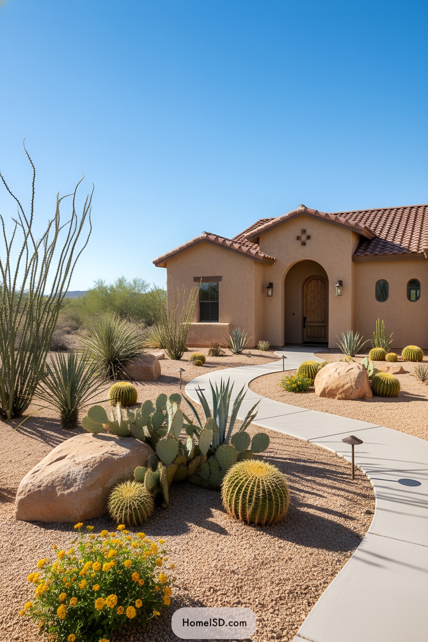 Curved desert front yard with cacti and boulders