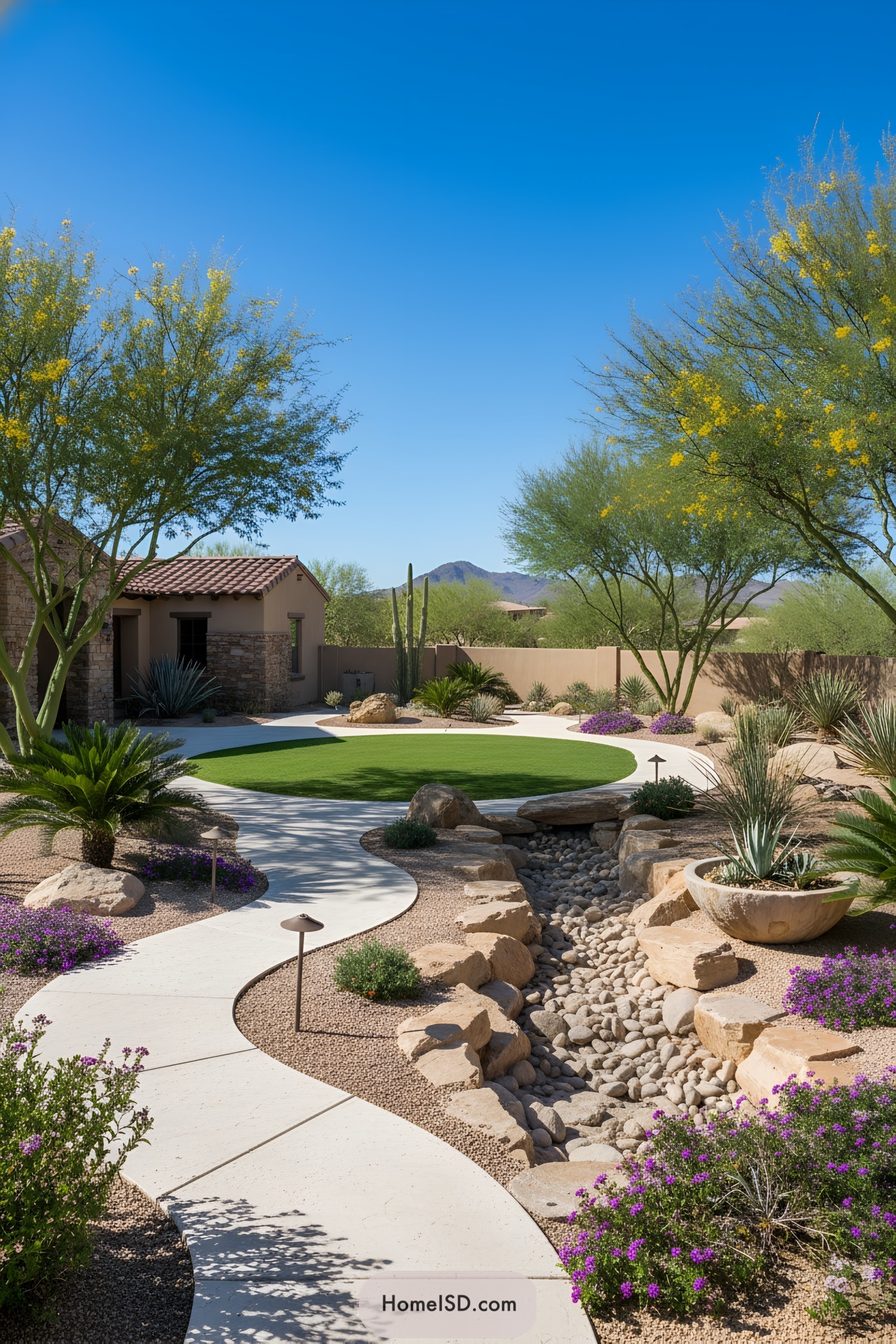 Curving desert path with dry creek bed, artificial lawn, and drought-tolerant plantings