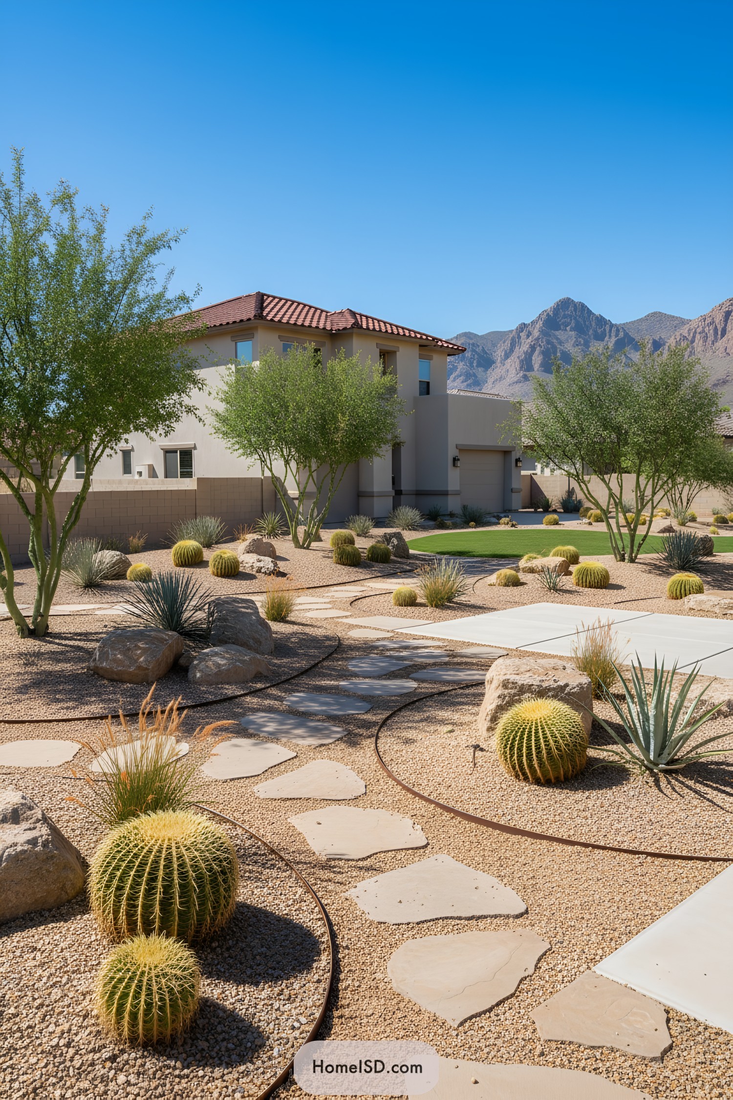 Desert front yard with cactus clusters, gravel, and stepping-stone path leading to a modern stucco house