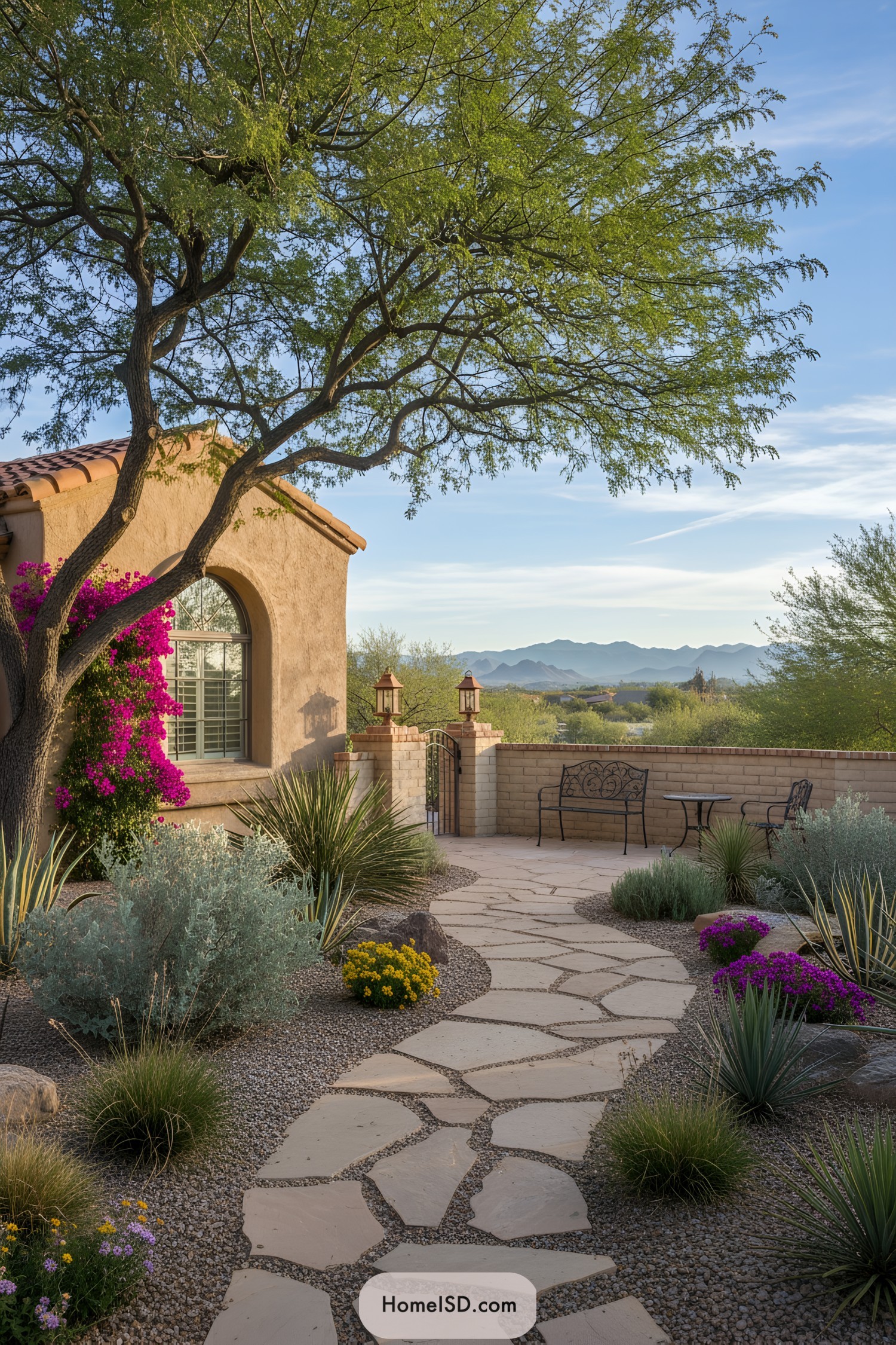 Stone path through colorful desert front yard