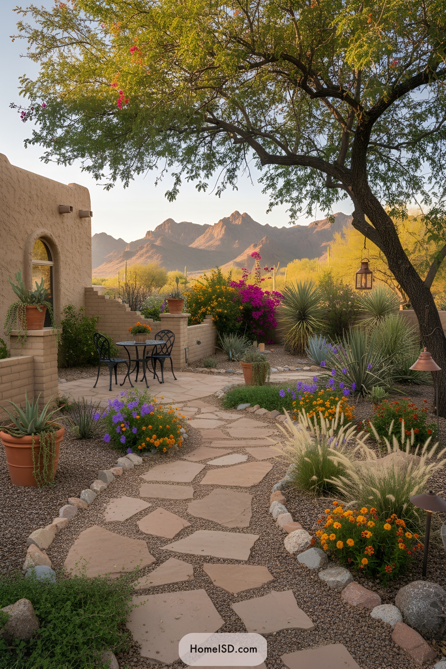 Sunset-lit desert courtyard with flagstone path, flowering shrubs, and mountain backdrop