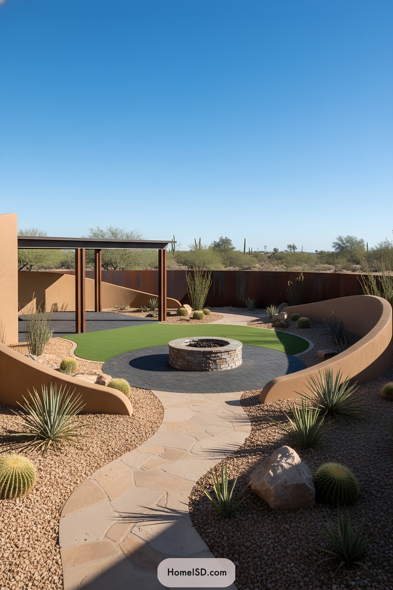 Modern desert backyard with circular fire pit, artificial turf, and curved stucco walls