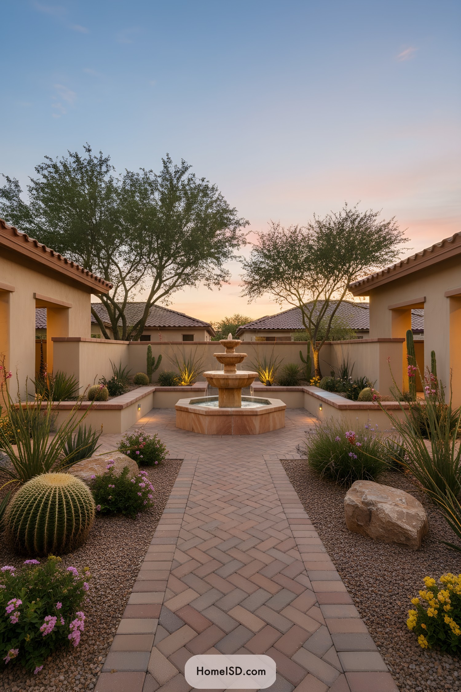 Symmetrical desert courtyard with tiered stone fountain