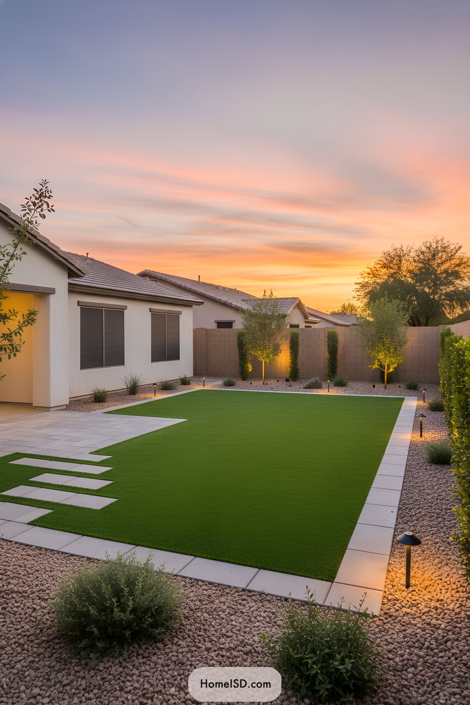 Modern Arizona backyard with turf lawn and paver border at sunset